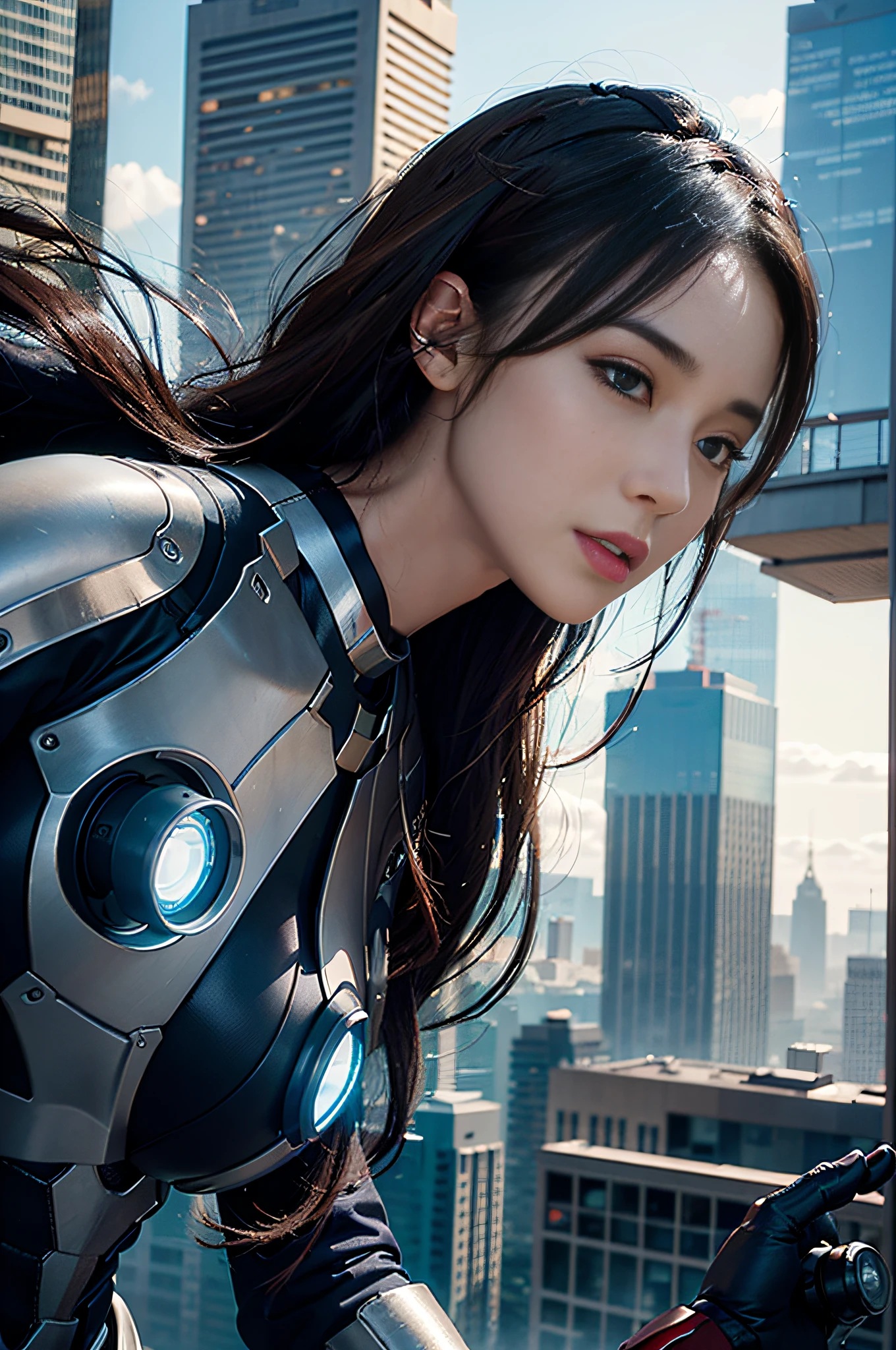 RAW, Masterpiece, Ultra Fine Photo,, Best Quality, Ultra High Resolution, Photorealistic, Sunlight, Full Body Portrait, Stunningly Beautiful,, Dynamic Poses, Delicate Face, Vibrant Eyes, (Side View) , she is wearing a futuristic Iron Man mech, very detailed background, detailed face, detailed busy background, messy, gorgeous, milky, high detailed skin, realistic skin details, visible pores, sharp focus, volume Fog, 8k uhd, dslr, high quality, film grain, fair skin, photorealism, lomography, sprawling metropolis in a futuristic dystopia, view from below, translucent