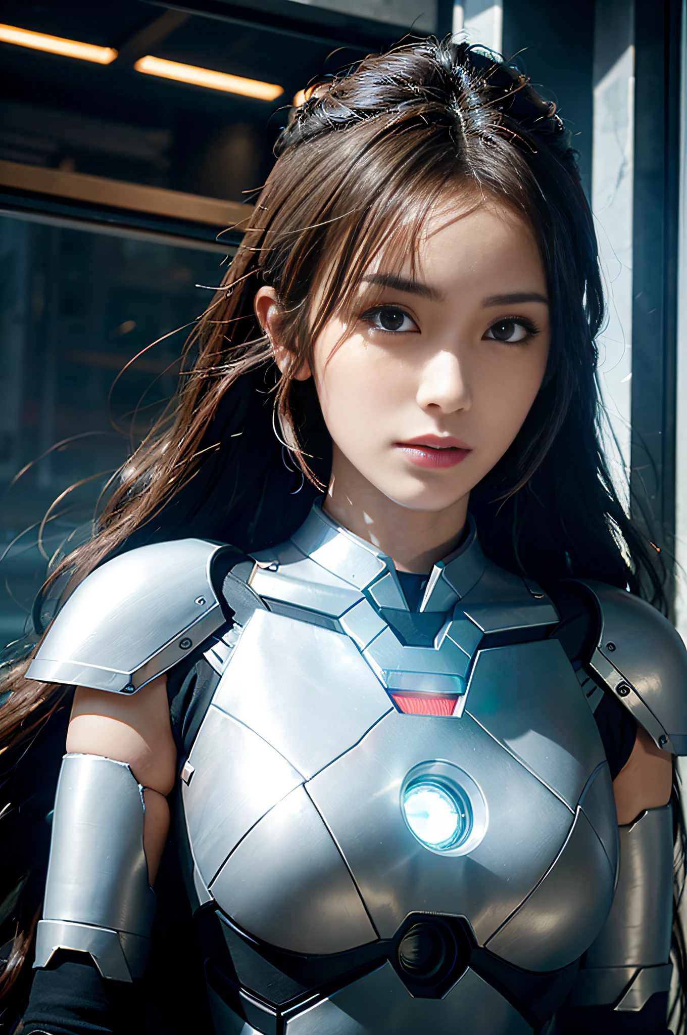 RAW, Masterpiece, Ultra Fine Photo,, Best Quality, Ultra High Resolution, Photorealistic, Sunlight, Full Body Portrait, Stunningly Beautiful,, Dynamic Poses, Delicate Face, Vibrant Eyes, (Side View) , she is wearing a futuristic Iron Man mech, very detailed background, detailed face, detailed busy background, messy, gorgeous, milky, high detailed skin, realistic skin details, visible pores, sharp focus, volume Fog, 8k uhd, dslr, high quality, film grain, fair skin, photorealism, lomography, sprawling metropolis in a futuristic dystopia, view from below, translucent