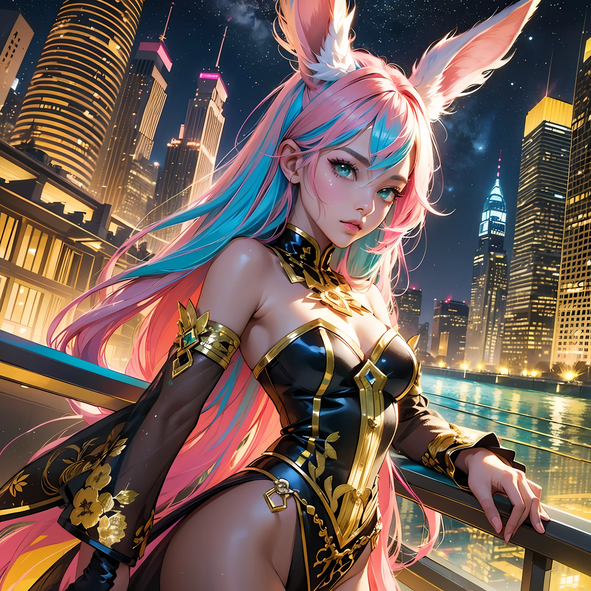 master-piece,hyper quality, hyper detailed,perfect drawing,CG,3D,8k,illustration, solo, green eyes, beautiful girl with pink hair to long rabbit ears, gal, brown skin tanned skin (1,5), gal makeup, gal clothes, flashy hairstyle, flashy hair color Gal pose, night pool, moonlit night --auto --s2