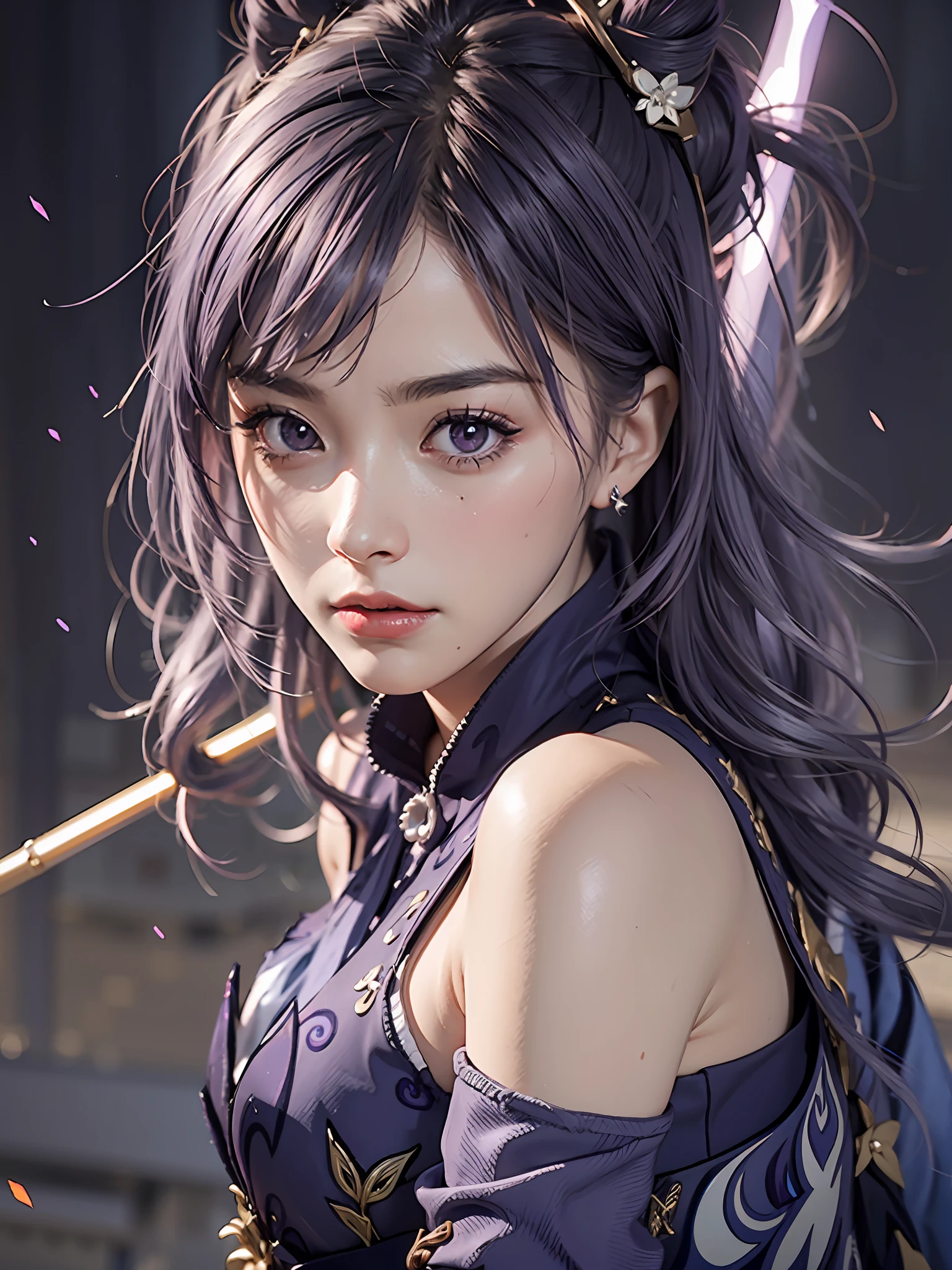 Masterpiece, best quality, detail, depth of field, ultra-realistic, realistic face and eyes, realistic skin texture, cinematic lighting, eyes to see the audience. 1 girl, solo, (frown, closed mouth), keqing_\(genshin_impact\), purple_eyes, purple hair, double tail, sharp eyes, serious face, gloves, black stockings, outdoor, purple lightning, fileg, lightning glowing sword, purple lightning, upper body