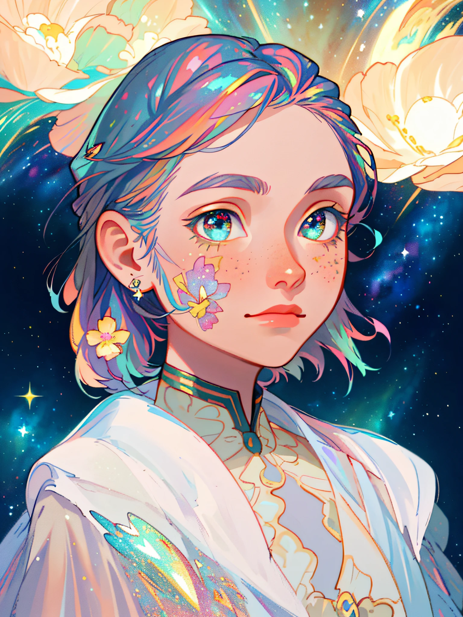 HD, (Best Detail) (Best Quality), Detailed Facial Features, Galaxy, Glitter, Particle, Wind, Flowers, Hair Decoration, Multicolored Hair, Solo, Jewelry, Starry Sky, Sky, Stars, Milky Way,