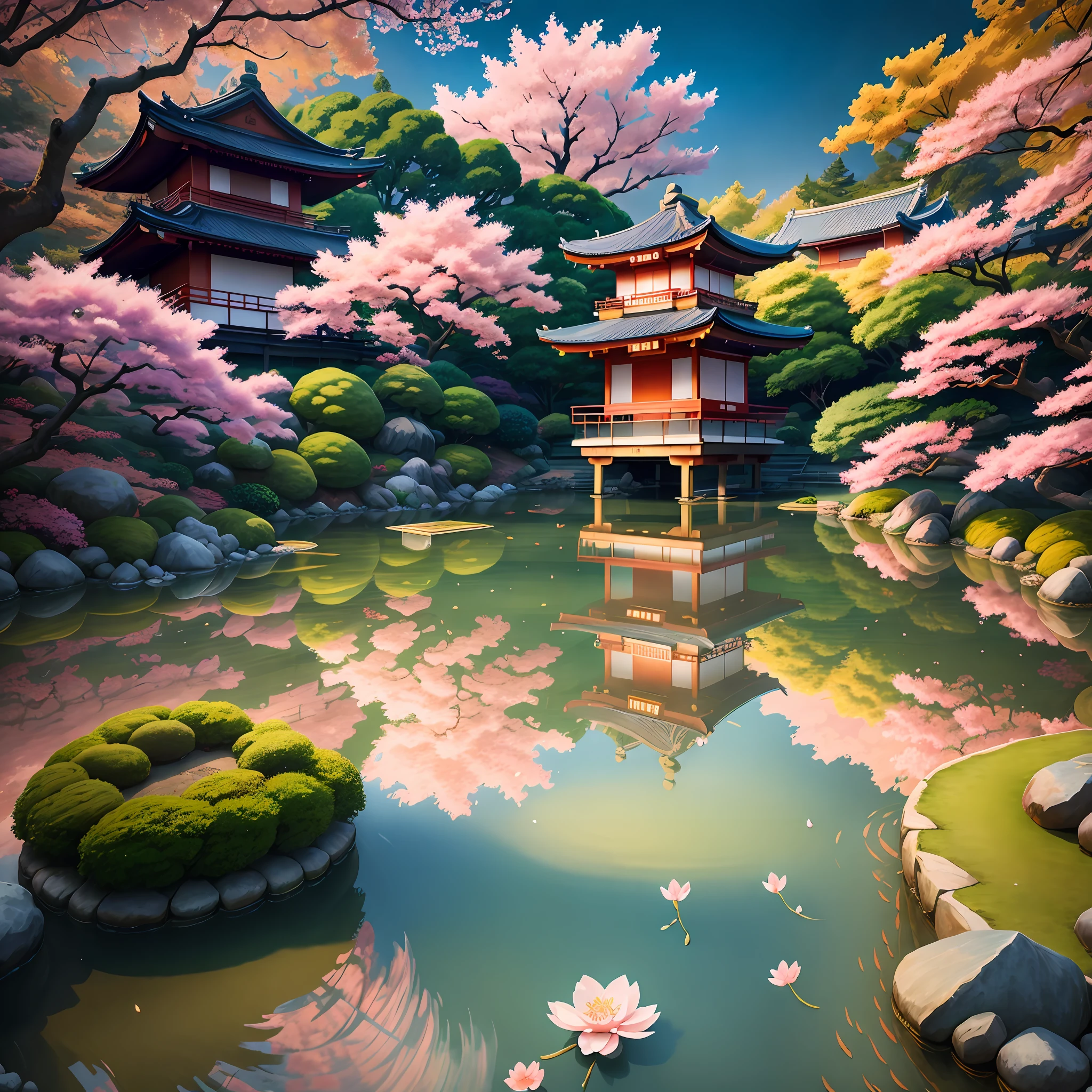 (digital painting),(best quality), serene Japanese garden, cherry blossoms in full bloom, koi pond, footbridge, pagoda, Ukiyo-e art style, Hokusai inspiration, Deviant Art popular, 8k ultra-realistic, pastel color scheme, soft lighting, golden hour, tranquil atmosphere, landscape orientation