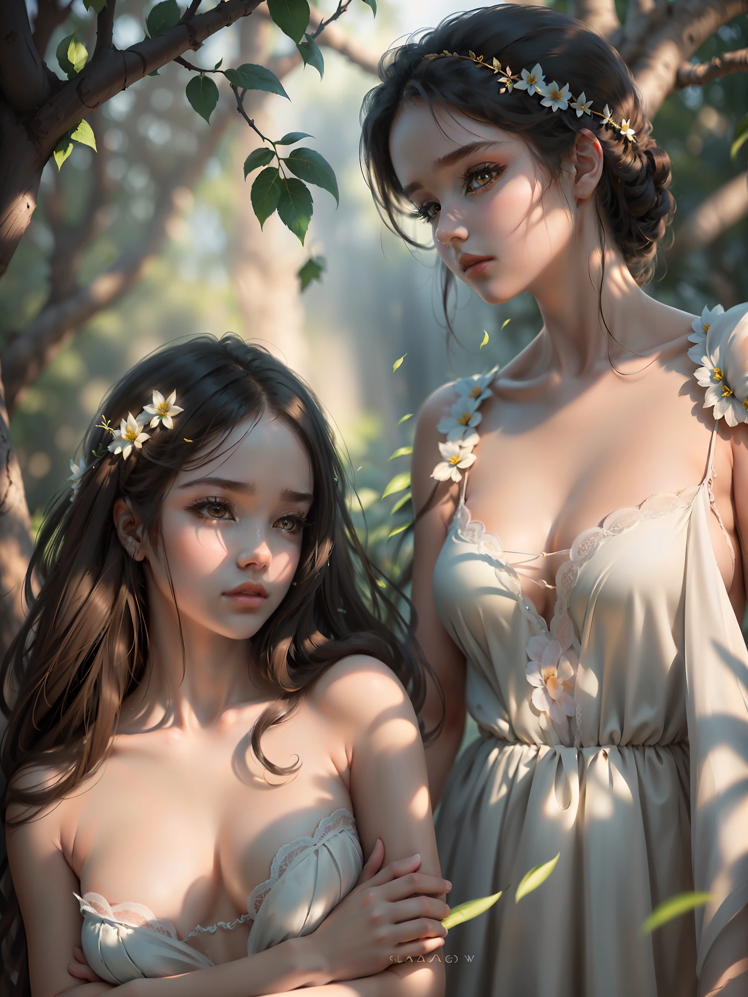 (8K masterpiece, high detail good picture quality, perfect light and shadow, delicate beauty, dynamic shooting, beautiful garden, natural light, brown eyes, delicate facial features, long eyelashes, gentle eyes, flower hair ornaments, tree shadow embellishments, fluttering hair, flying flowers)