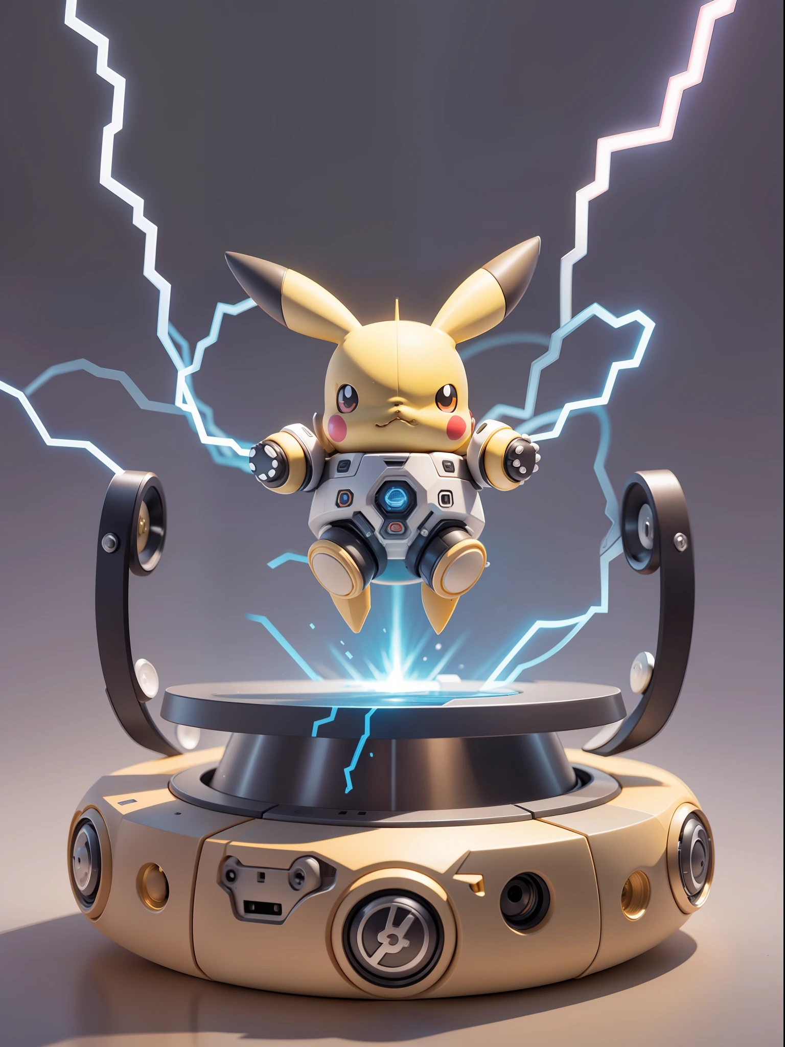 Pikachu, machine style, cinematic texture, figures, Pokémon, Poké ball, Pikachu sitting on poké ball, movie lights, heavy robotic arm, mechanical belly, mechanical legs, mechanical feet, mechanical ears, background around lightning, lightning, cool, clean white background, ray tracing, premium colors, full body 3D model, action, stylish blind box toys. (fill body:1.2)，chibi