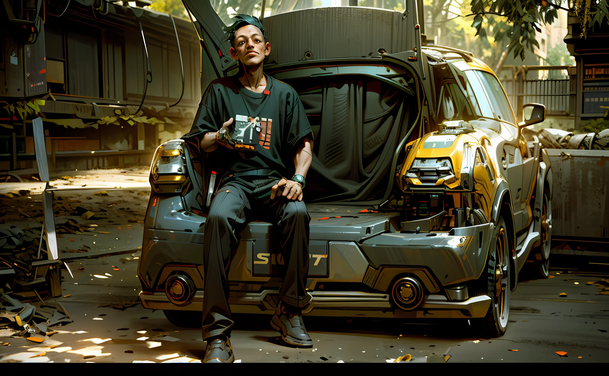 Dark_Fantasy,Cyberpunk,(chain saw,chain saw man,Red:1.1),1man,Mechanical marvel,Robotic presence,Cybernetic guardian, wearing a worn-out mech suit, intricate, (steel metal [rusty]), elegant, clear focus, shot by greg rutkowski, soft lighting, vibrant colors, masterpiece, ((street)), cowboy shot, dynamic pose,