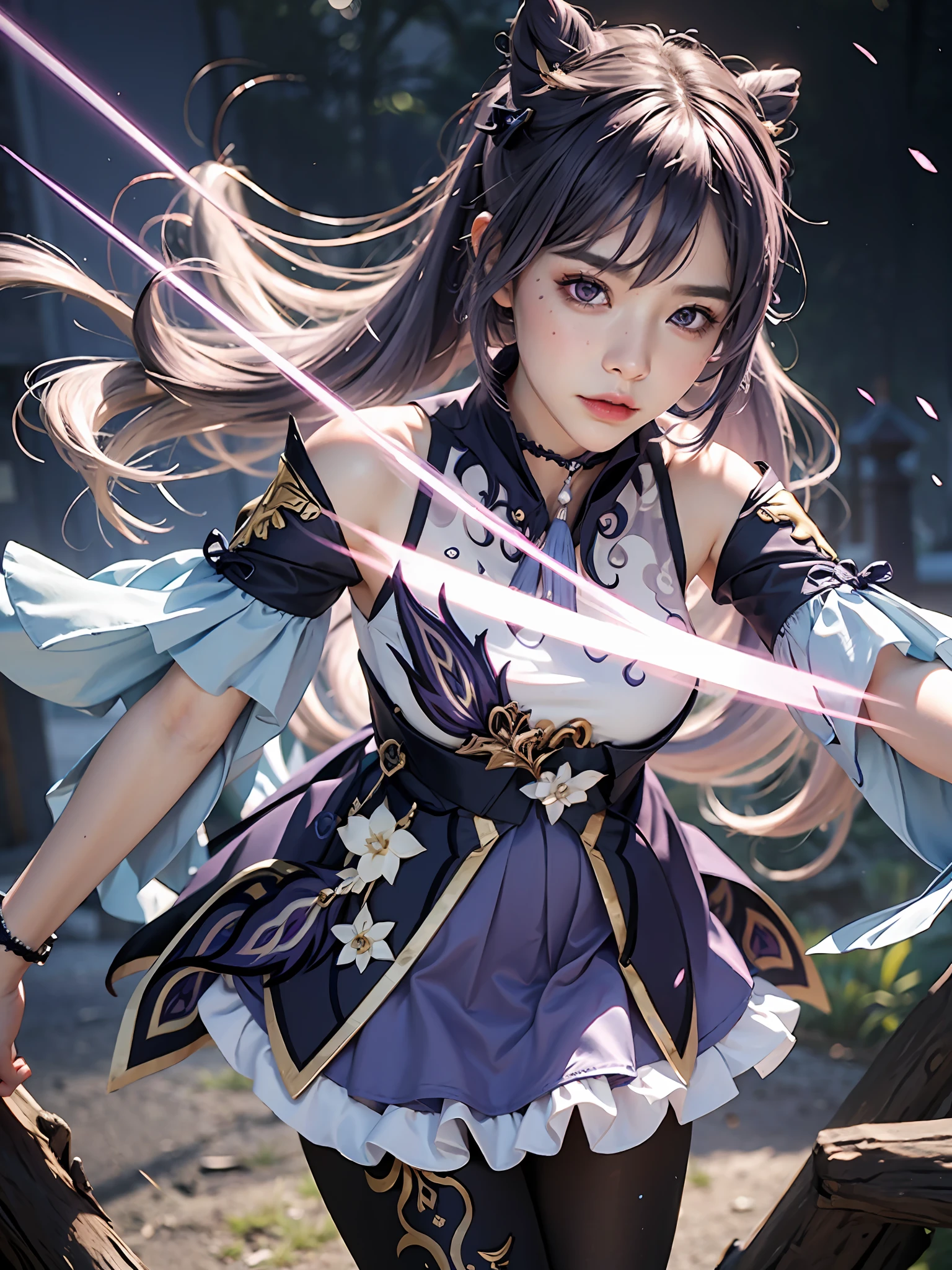 Masterpiece, best quality, detail, depth of field, ultra-realistic, realistic face and eyes, realistic skin texture, cinematic lighting, eyes to see the audience. 1 girl, solo, (frown, closed mouth), keqing_\(genshin_impact\), purple_eyes, purple hair, double tail, sharp eyes, serious face, gloves, black stockings, outdoor, purple lightning, fileg, lightning glowing sword, purple lightning, upper body