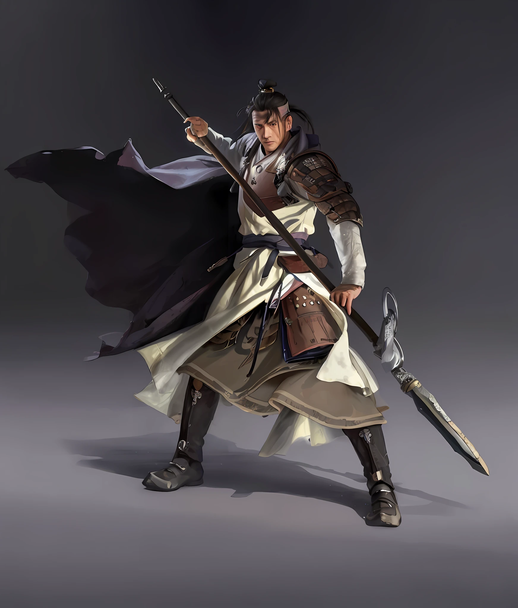 Man in white robe holding sword and sword, Yang J, inspired by Cao Zhibai, inspired by Hu Zaobin, Feng Zhu conceptual art, Li Zai, Wu Zhun Shifan, Yang Jin, Zhao Yun, Liang Kai, full body martial arts, Liang Xing, tall, silver armor, wearing white cloak, Changshan Zhao Zilong, martial arts, bright silver gun, Zhang Yimou, fairy hero, Chinese samurai,