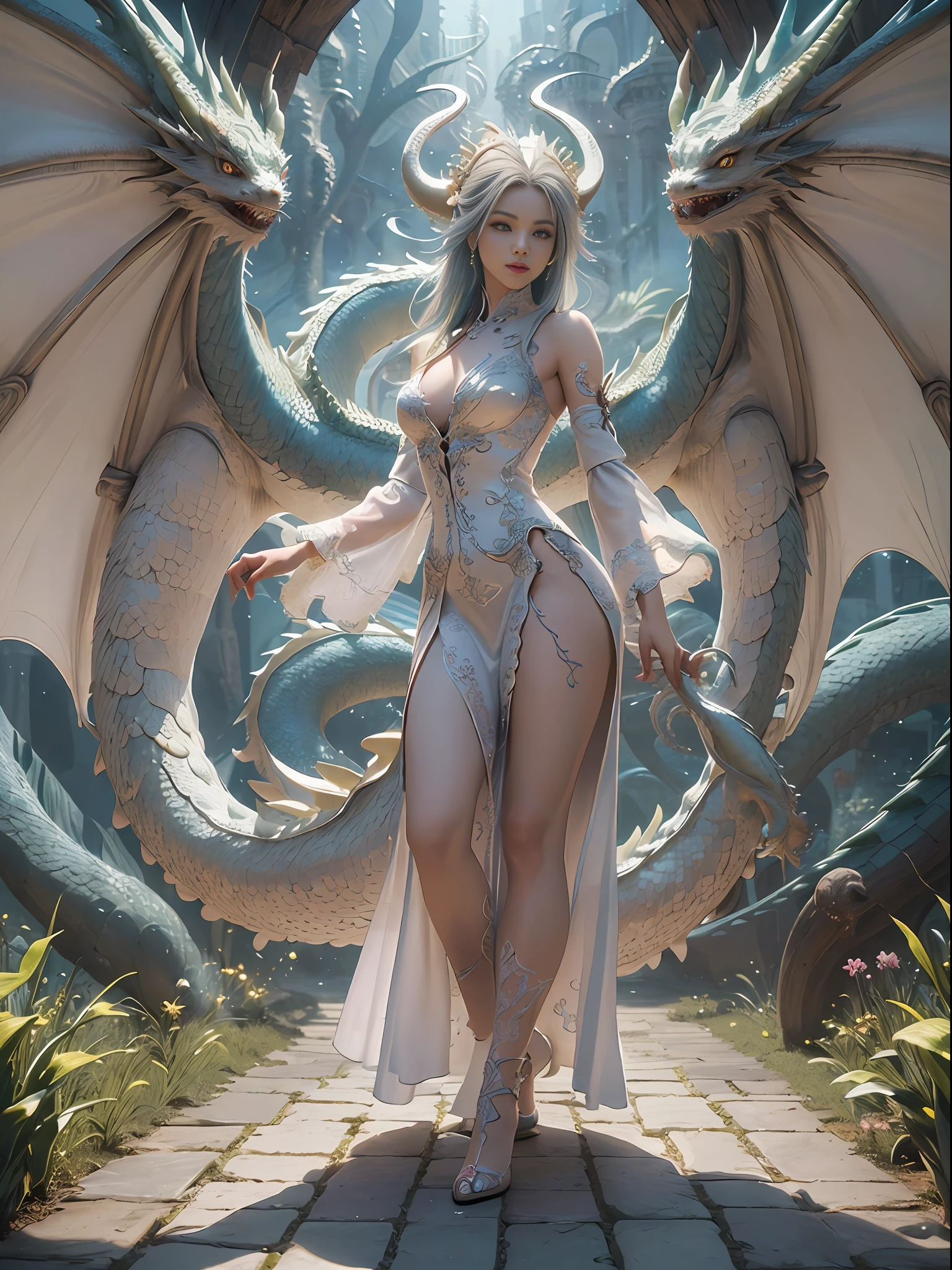dragon_real,(extremely detailed CG unity 8k wallpaper,masterpiece, best quality, ultra-detailed, beautiful detailed eyes:1.2),best illumination, (best shadow, an extremely delicate and beautiful, bloom),the girl was surrounded by dragons, (1girl:1.4),breasts, solo,full body,Back tattoo,white dress,(color dragon:1.4),Bare leg,long dress,