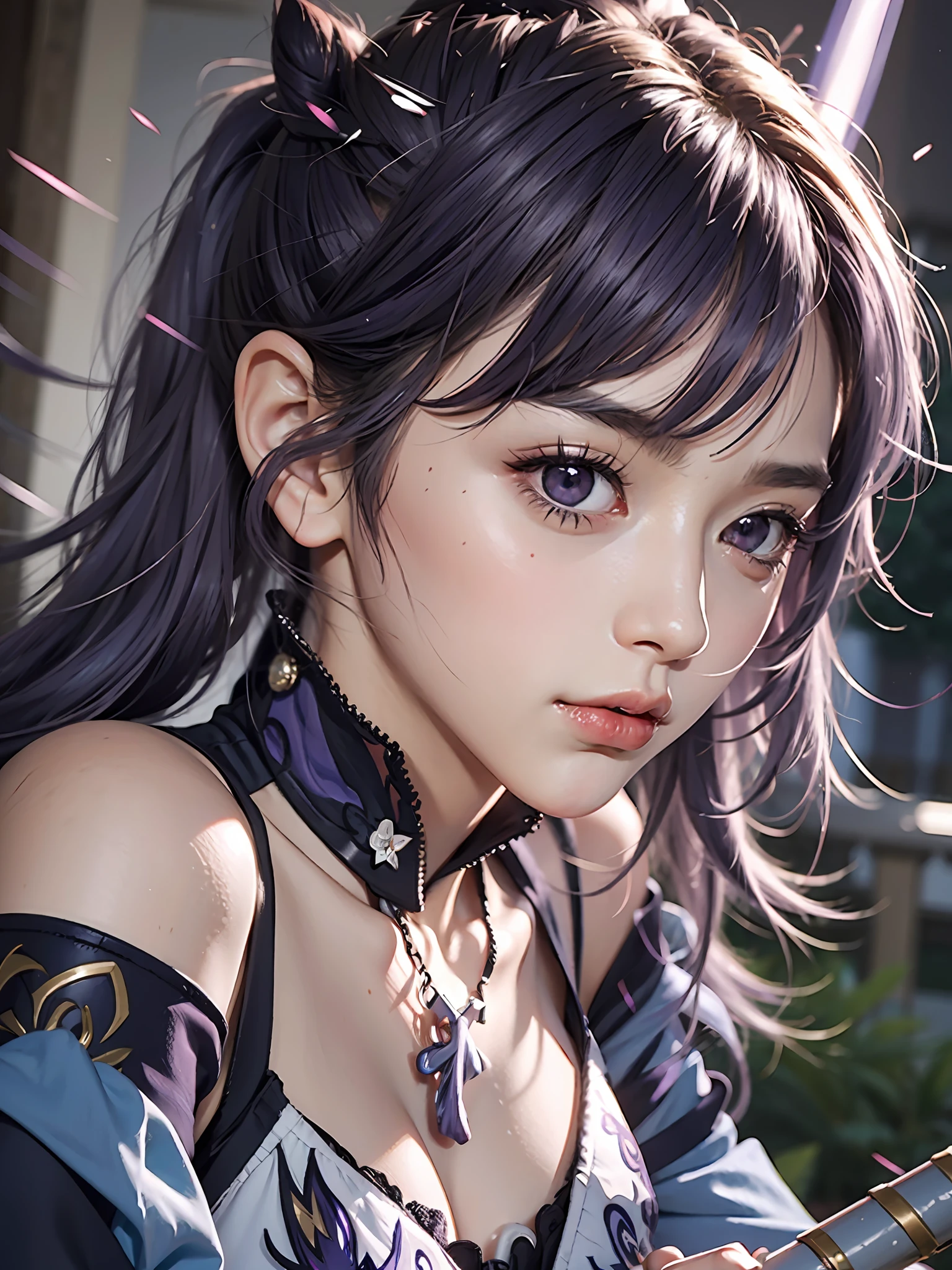 Masterpiece, best quality, detail, depth of field, ultra-realistic, realistic face and eyes, realistic skin texture, cinematic lighting, eyes to see the audience. 1 girl, solo, (frown, closed mouth), keqing_\(genshin_impact\), purple_eyes, purple hair, double tail, sharp eyes, serious face, gloves, black stockings, outdoor, purple lightning, fileg, lightning glowing sword, purple lightning, upper body