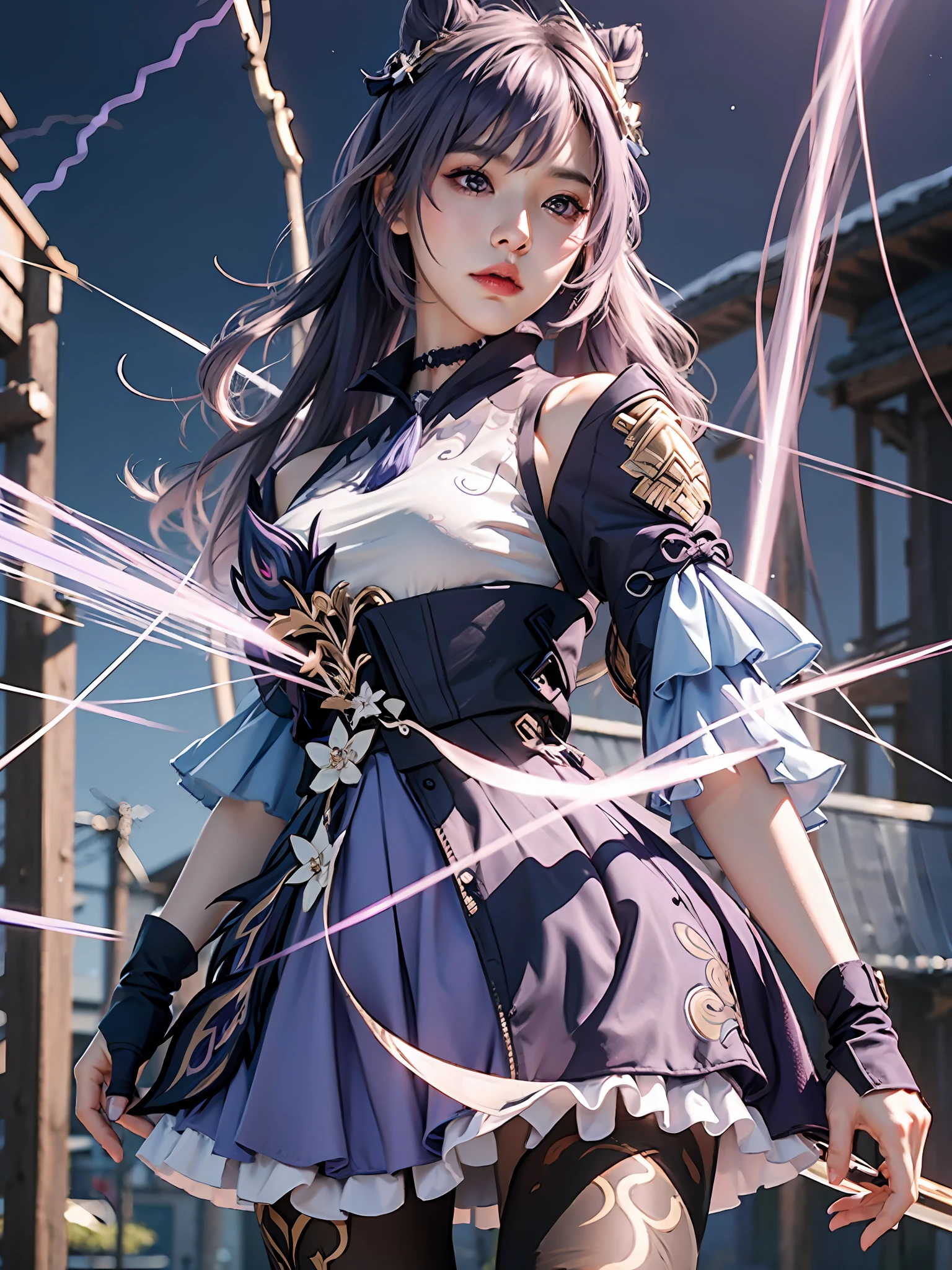 Masterpiece, best quality, detail, depth of field, ultra-realistic, realistic face and eyes, realistic skin texture, cinematic lighting, eyes to see the audience. 1 girl, solo, (frown, closed mouth), keqing_\(genshin_impact\), purple_eyes, purple hair, double tail, sharp eyes, serious face, gloves, black stockings, outdoor, purple lightning, fileg, lightning glowing sword, purple lightning, upper body