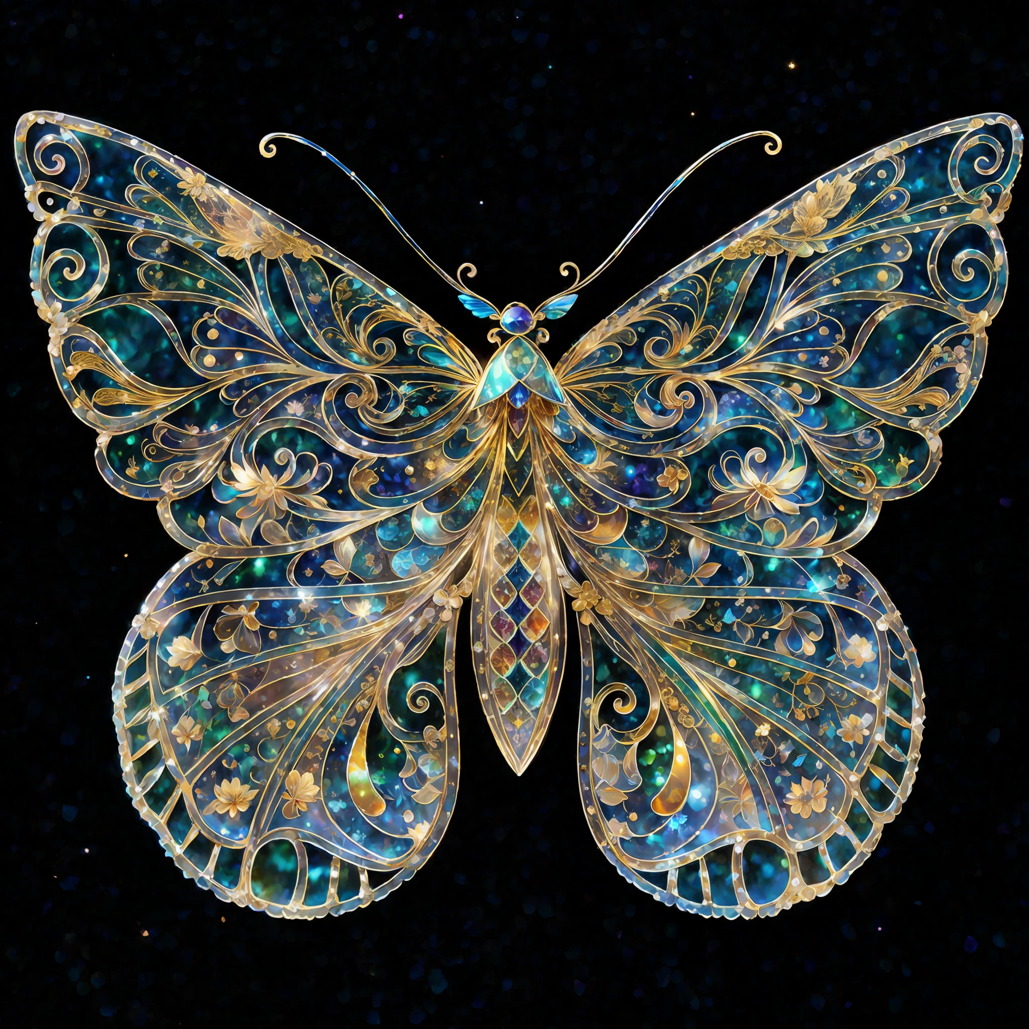 Rainbow color, flying insect, scale, wing, blue, textured, complex, gorgeous, shadow, light pastel color, highly detailed, decorative style, Tim Burton, Dale Chihuli, Xiaolongcheng, Cyril Rolando, author hour gigue, bright gold, rainbow gold leaf, gold dust, sparkle, diamond, crystal, rainbow, gold dust, gold leaf, bright gold, universe, milky way, starry sky, (traditional Chinese color matching, Traditional Chinese patterns: 1.5), Baoxiang flowers, William Morris, (gold lace, and detailed details, masterpieces, gold artwork: 1.5)