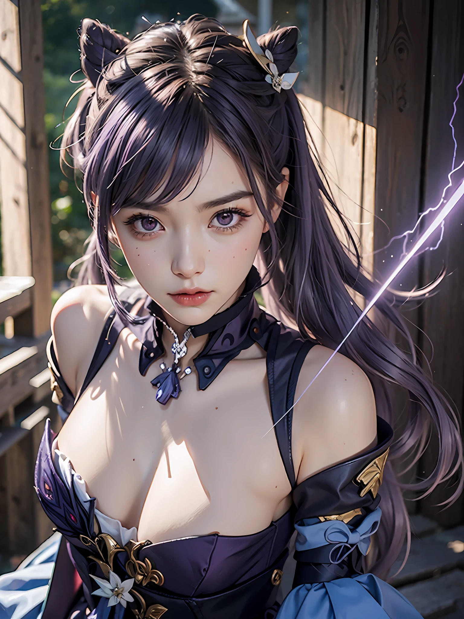 Masterpiece, best quality, detail, depth of field, ultra-realistic, realistic face and eyes, realistic skin texture, cinematic lighting, eyes to see the audience. 1 girl, solo, (frown, closed mouth), keqing_\(genshin_impact\), purple_eyes, purple hair, double tail, sharp eyes, serious face, gloves, black stockings, outdoor, purple lightning, fileg, lightning glowing sword, purple lightning, upper body