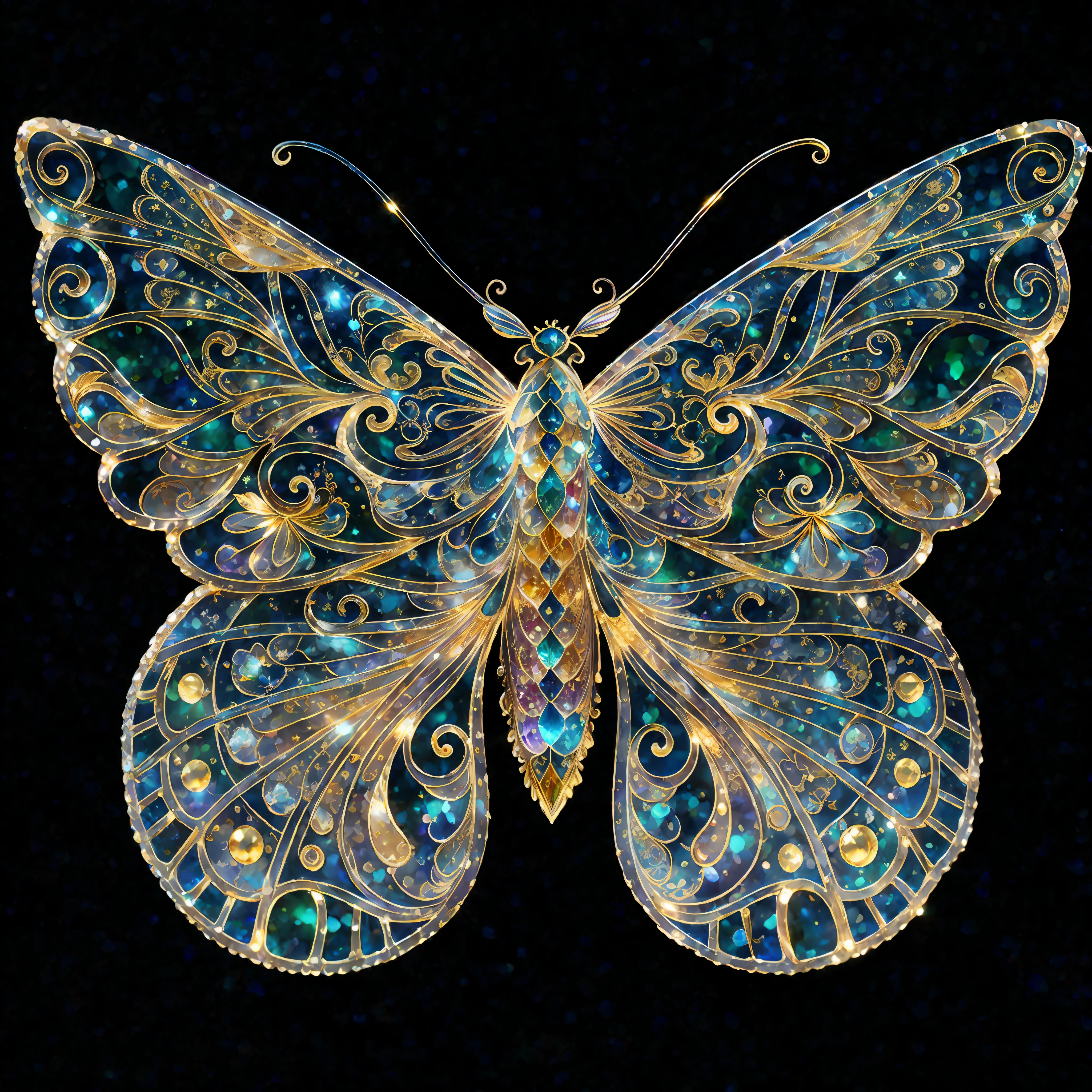 Rainbow color, flying insect, scale, wing, blue, textured, complex, gorgeous, shadow, light pastel color, highly detailed, decorative style, Tim Burton, Dale Chihuli, Xiaolongcheng, Cyril Rolando, author hour gigue, bright gold, rainbow gold leaf, gold dust, sparkle, diamond, crystal, rainbow, gold dust, gold leaf, bright gold, universe, milky way, starry sky, (traditional Chinese color matching, Traditional Chinese patterns: 1.5), Baoxiang flowers, William Morris, (gold lace, and detailed details, masterpieces, gold artwork: 1.5)