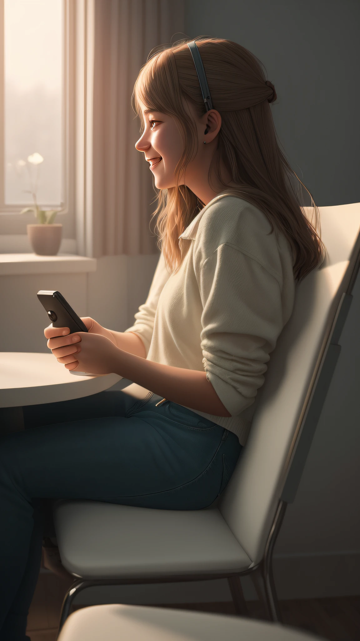A side photo of a happy age girl in a chair with a cell phone in hand, photography, soft lighting, soft details, octane, trend artstation, ultra high detail, ultra realistic, cinematic