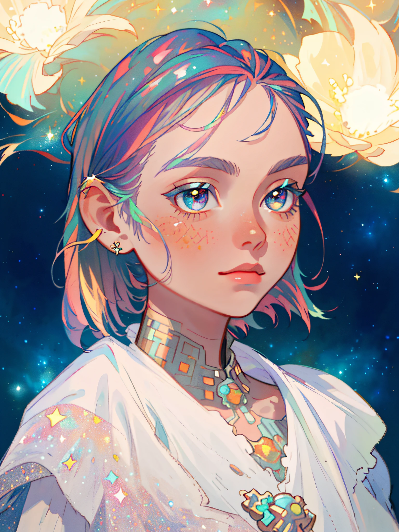 HD, (Best Detail) (Best Quality), Detailed Facial Features, Galaxy, Glitter, Particle, Wind, Flowers, Hair Decoration, Multicolored Hair, Solo, Jewelry, Starry Sky, Sky, Stars, Milky Way,