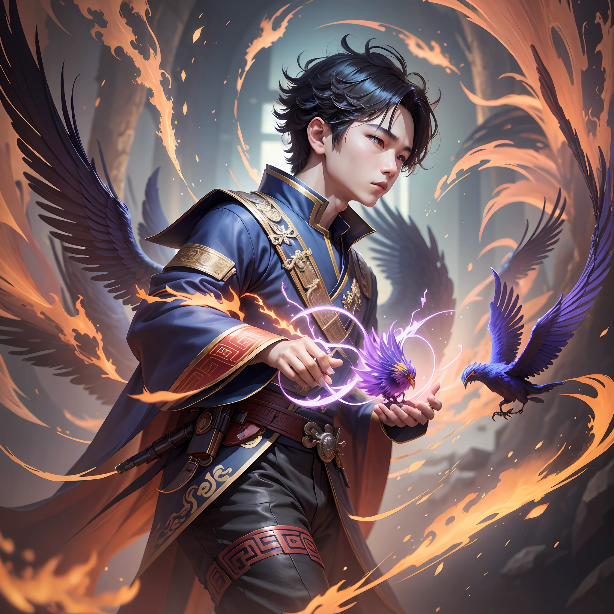 A Chinese boy, dressed in Han clothes, three-dimensional facial features, with a purple phoenix beside him, is stunning and gorgeous. bokeh, low angle shot, front view, cinematic style, cinematic, realism, surreal, fantasy, mythology, product rendering, movie poster, blockbuster, ultra hd, detail, 8k --AR 3:4 --niji 5 --s 180 --stylistic expression --auto --s2