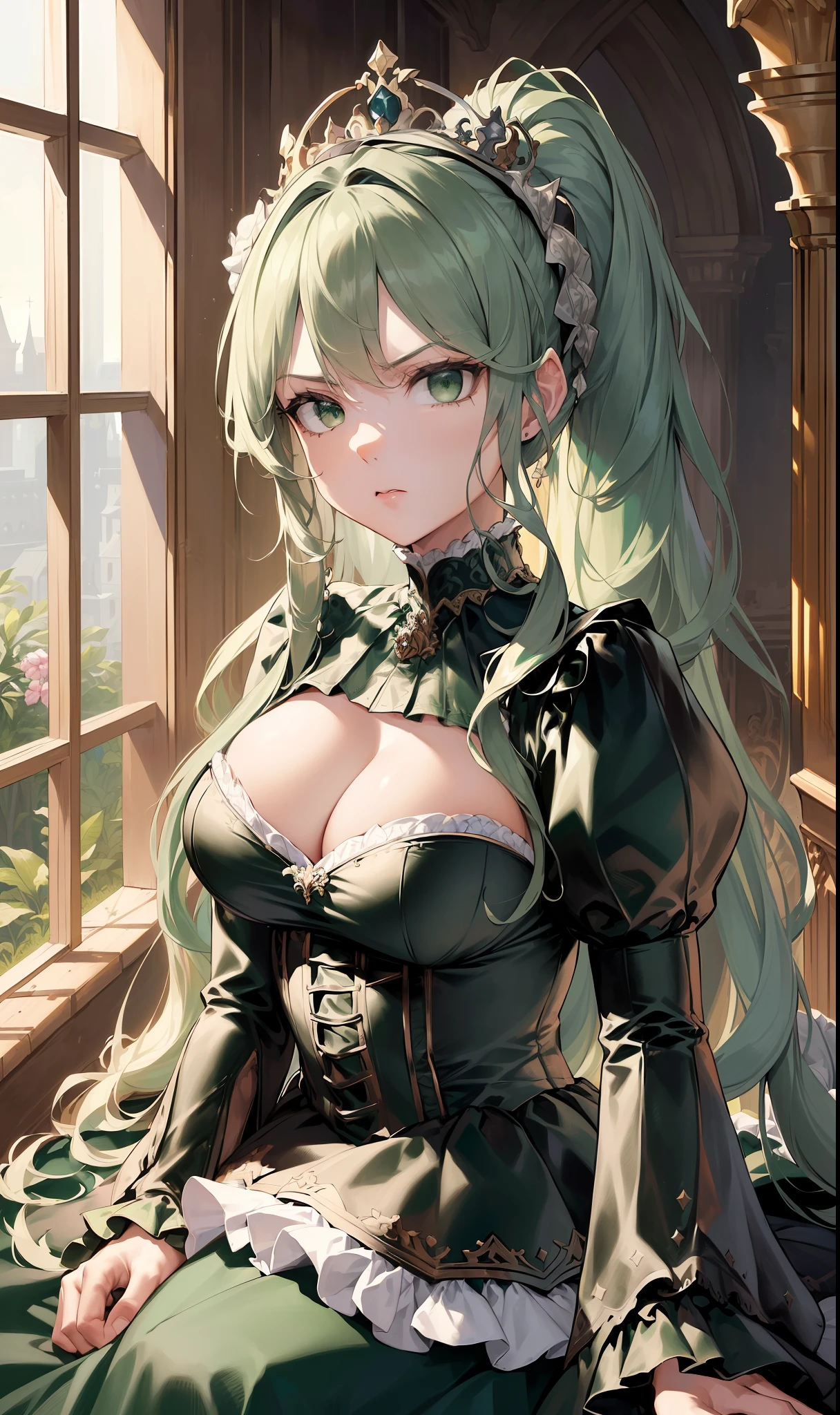 (Masterpiece, Best Quality, High Quality, Highres:1.4), Detailed, Extremely Detailed, Ambient Soft Lighting, 4K, Ornate,Indoors, (Renaissance, Vintage:1.4), Plants, castle ,1Gril, (Solo:1.4), (Milf:1.2), kneeling , Upper Body, (Face Focus:1.2),(Extremely Detailed Hair:1.2), rdd Hair, Long Hair, Long Sidelocks, Bangs, (Hair Intakes, High Ponytail:1.4),
Expressionless, Emotionless, (green Eyes, Glaring, Contempt, Disgust, Looking at Viewer:1.2),
Curvy, Huge Breasts, Skindentation, (Bursting Breasts:1.2),
(Tiara:1.2), Crown, (Cleavage, Strapless, black Dress, Frilled Dress, Long Skirt, Puffy Skirt, Puffy Sleeves, Juliet Sleeves, Long Sleeves:1.2), Jewelry,