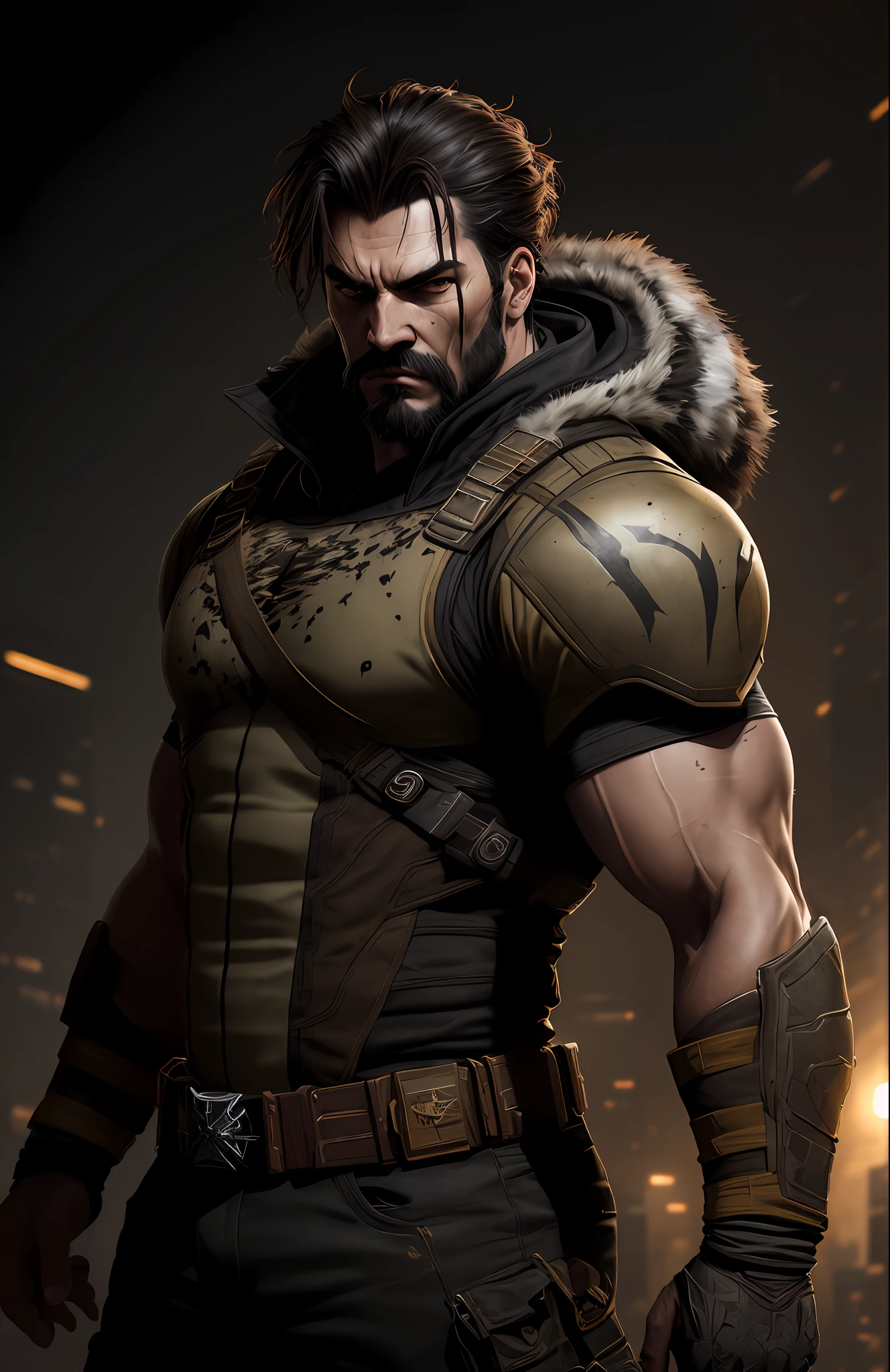 (dark shot: 1.1), epic realistic, Kraven the Hunter from Marvel, gradient yellow, black, brown and purple color scheme, grunge aesthetic!!! graffiti tag wall background, art by Greg Rutkowski and artgerm, soft cinematic light, Adobe Lightroom, darkroom, HDR, intricate, highly detailed, (depth of field: 1.4), faded, (neutral colors: 1.2), (hdr: 1.4), (muted colors: 1.2), hyper-detail (artstation: 1.4), cinematic, warm light, dramatic light (complex details: 1.1)
