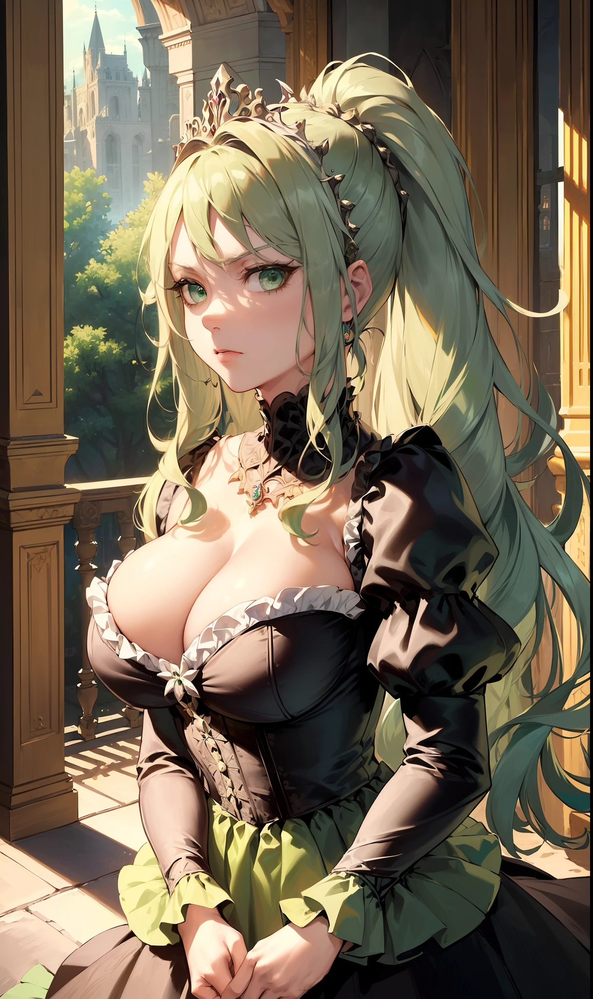 (Masterpiece, Best Quality, High Quality, Highres:1.4), Detailed, Extremely Detailed, Ambient Soft Lighting, 4K, Ornate,Indoors, (Renaissance, Vintage:1.4), Plants, castle ,1Gril, (Solo:1.4), (Milf:1.2), kneeling , Upper Body, (Face Focus:1.2),(Extremely Detailed Hair:1.2), rdd Hair, Long Hair, Long Sidelocks, Bangs, (Hair Intakes, High Ponytail:1.4),
Expressionless, Emotionless, (green Eyes, Glaring, Contempt, Disgust, Looking at Viewer:1.2),
Curvy, Huge Breasts, Skindentation, (Bursting Breasts:1.2),
(Tiara:1.2), Crown, (Cleavage, Strapless, black Dress, Frilled Dress, Long Skirt, Puffy Skirt, Puffy Sleeves, Juliet Sleeves, Long Sleeves:1.2), Jewelry,