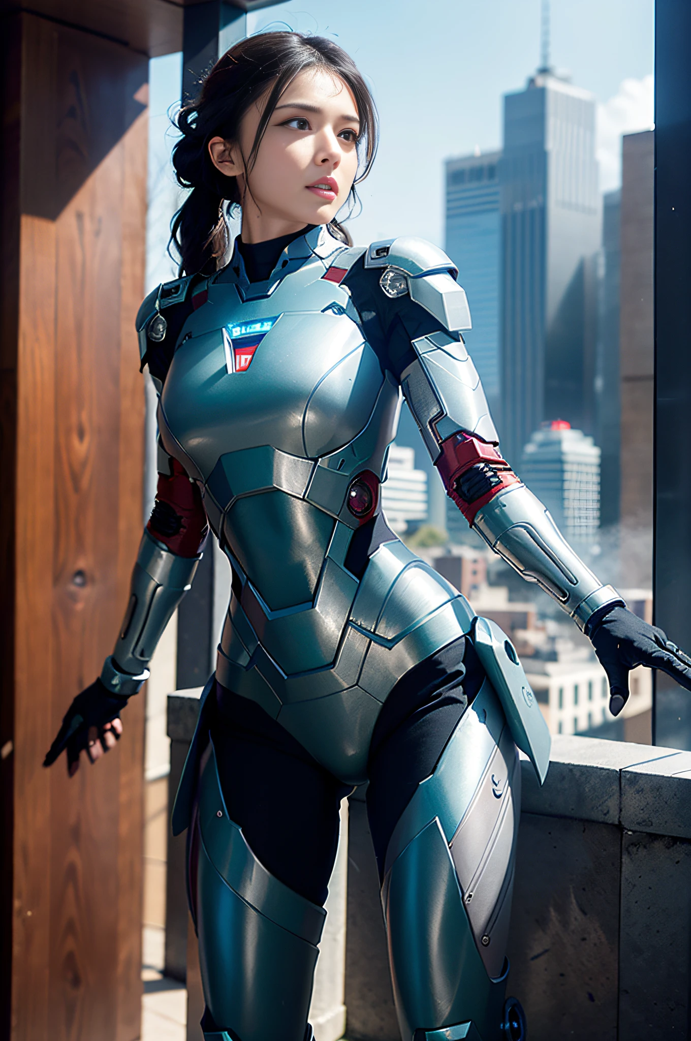 RAW, Masterpiece, Ultra Fine Photo,, Best Quality, Ultra High Resolution, Photorealistic, Sunlight, Full Body Portrait, Stunningly Beautiful,, Dynamic Poses, Delicate Face, Vibrant Eyes, (Side View) , she is wearing a futuristic Iron Man mech, very detailed background, detailed face, detailed busy background, messy, gorgeous, milky, high detailed skin, realistic skin details, visible pores, sharp focus, volume Fog, 8k uhd, dslr, high quality, film grain, fair skin, photorealism, lomography, sprawling metropolis in a futuristic dystopia, view from below, translucent