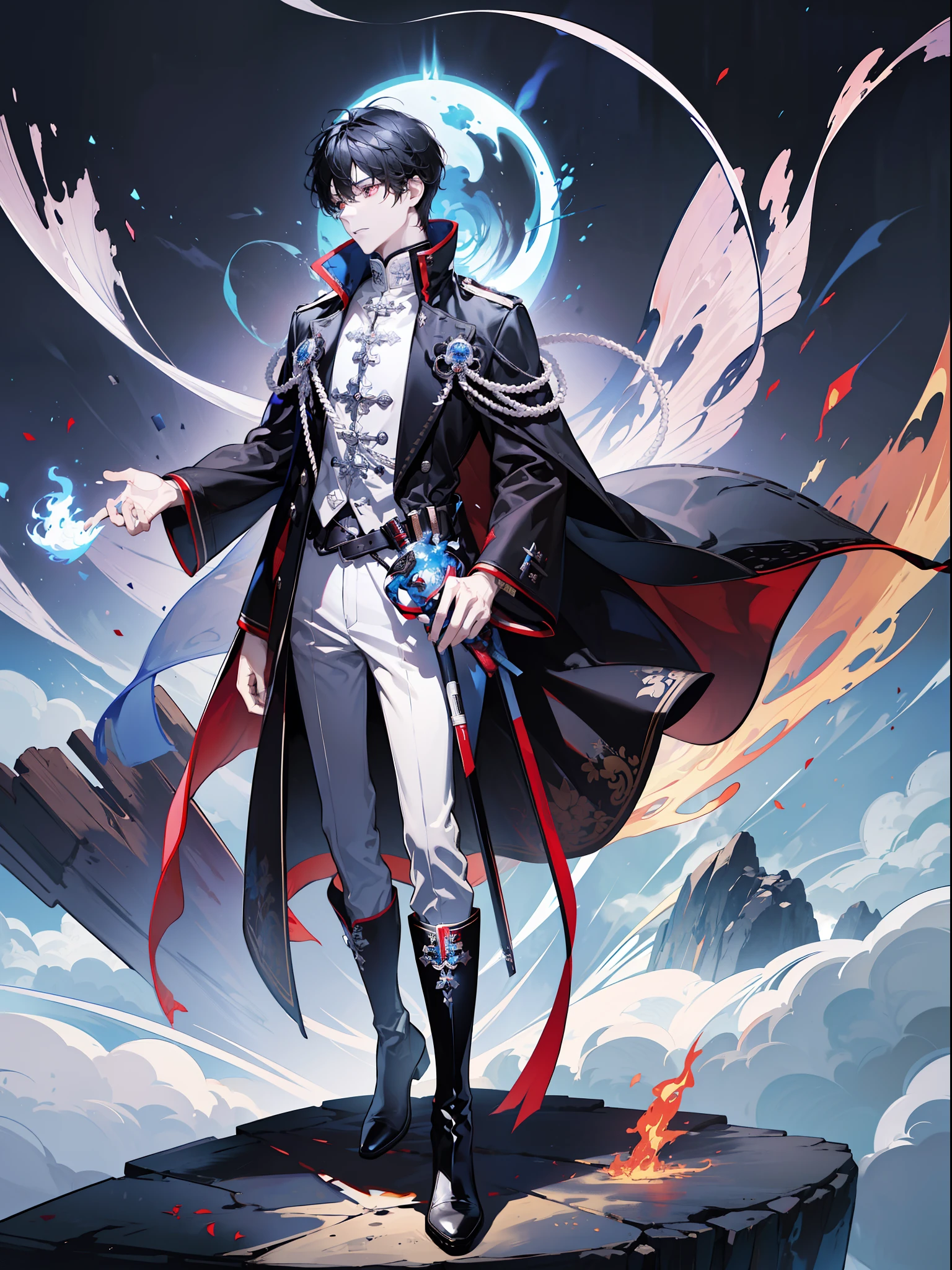 (absurd, high resolution), (panorama), a man, very handsome, flying in the sky, red eyes, short hair, black hair, smile, white trench coat, black trousers, black boots, (white magic streamer for hands), medieval wind, magic bloom, (blue magic array under the feet), ancient wind, soul ring, exaggeration, a huge fire dragon behind it