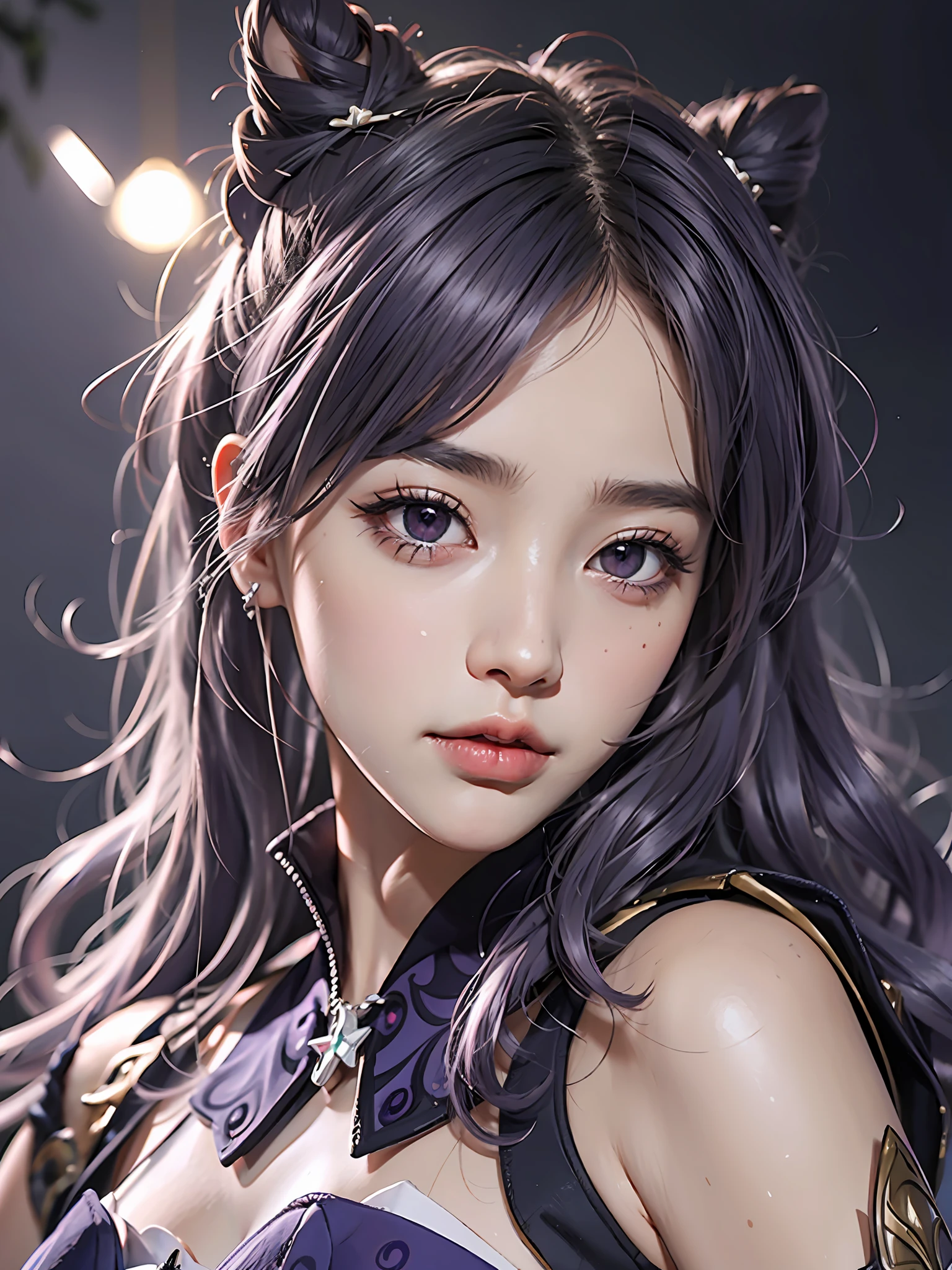 Masterpiece, best quality, detail, depth of field, ultra-realistic, realistic face and eyes, realistic skin texture, cinematic lighting, ulzzang-6500, Tyndall effect, (see the audience), eyes look at the audience. 1 girl, solo, (frown, closed mouth), keqing_ \(genshin_impact\), purple_eyes, purple hair, double tail, sharp eyes, serious face, gloves, outdoors, purple lightning, feleg, half