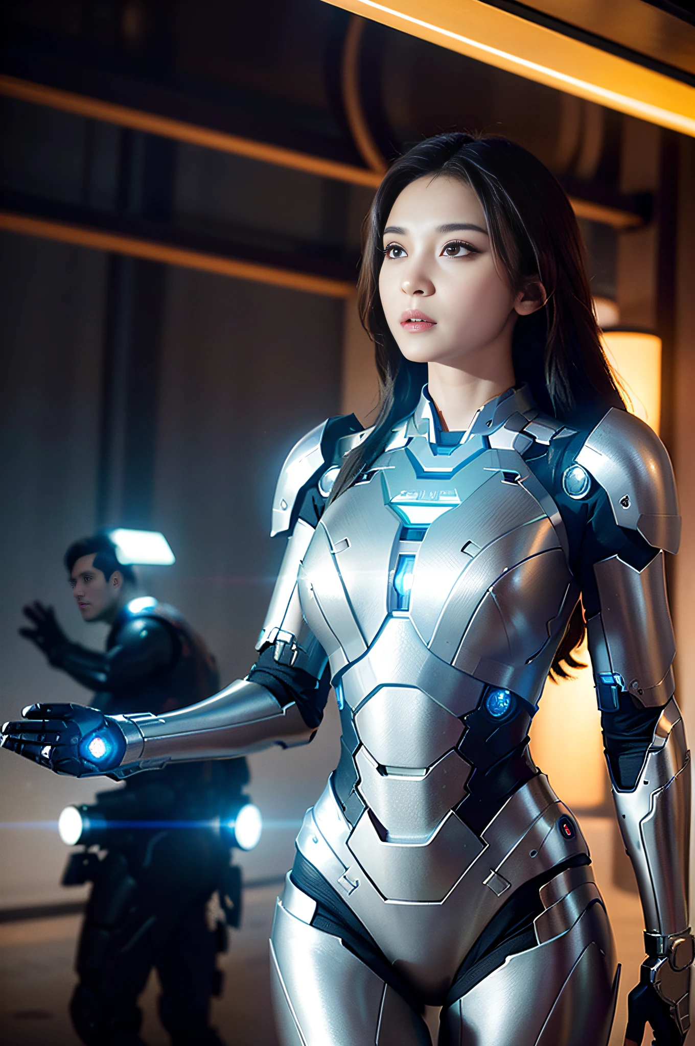 RAW, Masterpiece, Ultra Fine Photo,, Best Quality, Ultra High Resolution, Photorealistic, Sunlight, Full Body Portrait, Stunningly Beautiful,, Dynamic Poses, Delicate Face, Vibrant Eyes, (Side View) , she is wearing a futuristic Iron Man mech, very detailed background, detailed face, detailed busy background, messy, gorgeous, milky, high detailed skin, realistic skin details, visible pores, sharp focus, volume Fog, 8k uhd, dslr, high quality, film grain, fair skin, photorealism, lomography, sprawling metropolis in a futuristic dystopia, view from below, translucent