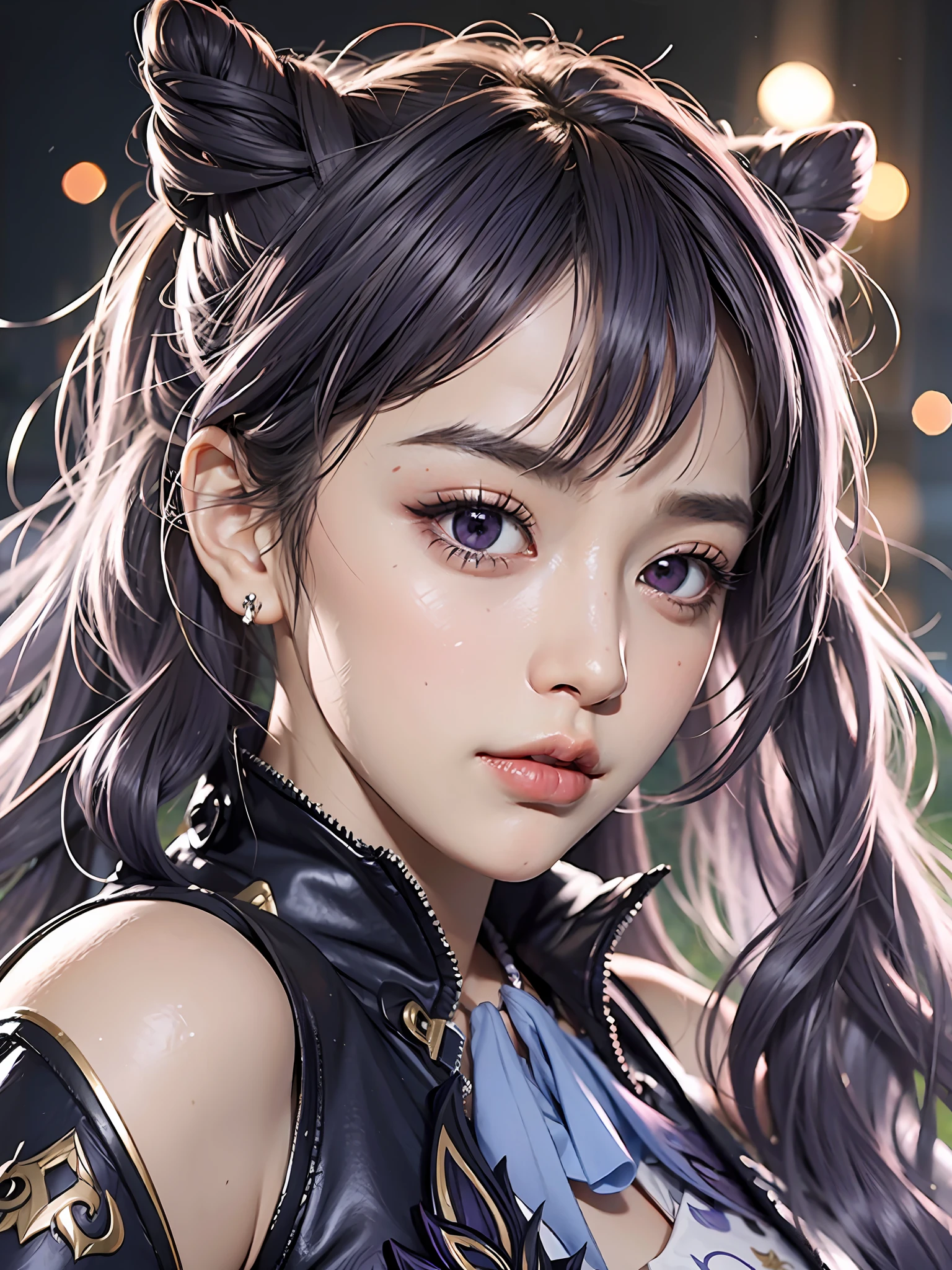 Masterpiece, best quality, detail, depth of field, ultra-realistic, realistic face and eyes, realistic skin texture, cinematic lighting, ulzzang-6500, Tyndall effect, (see the audience), eyes look at the audience. 1 girl, solo, (frown, closed mouth), keqing_ \(genshin_impact\), purple_eyes, purple hair, double tail, sharp eyes, serious face, gloves, outdoors, purple lightning, feleg, half