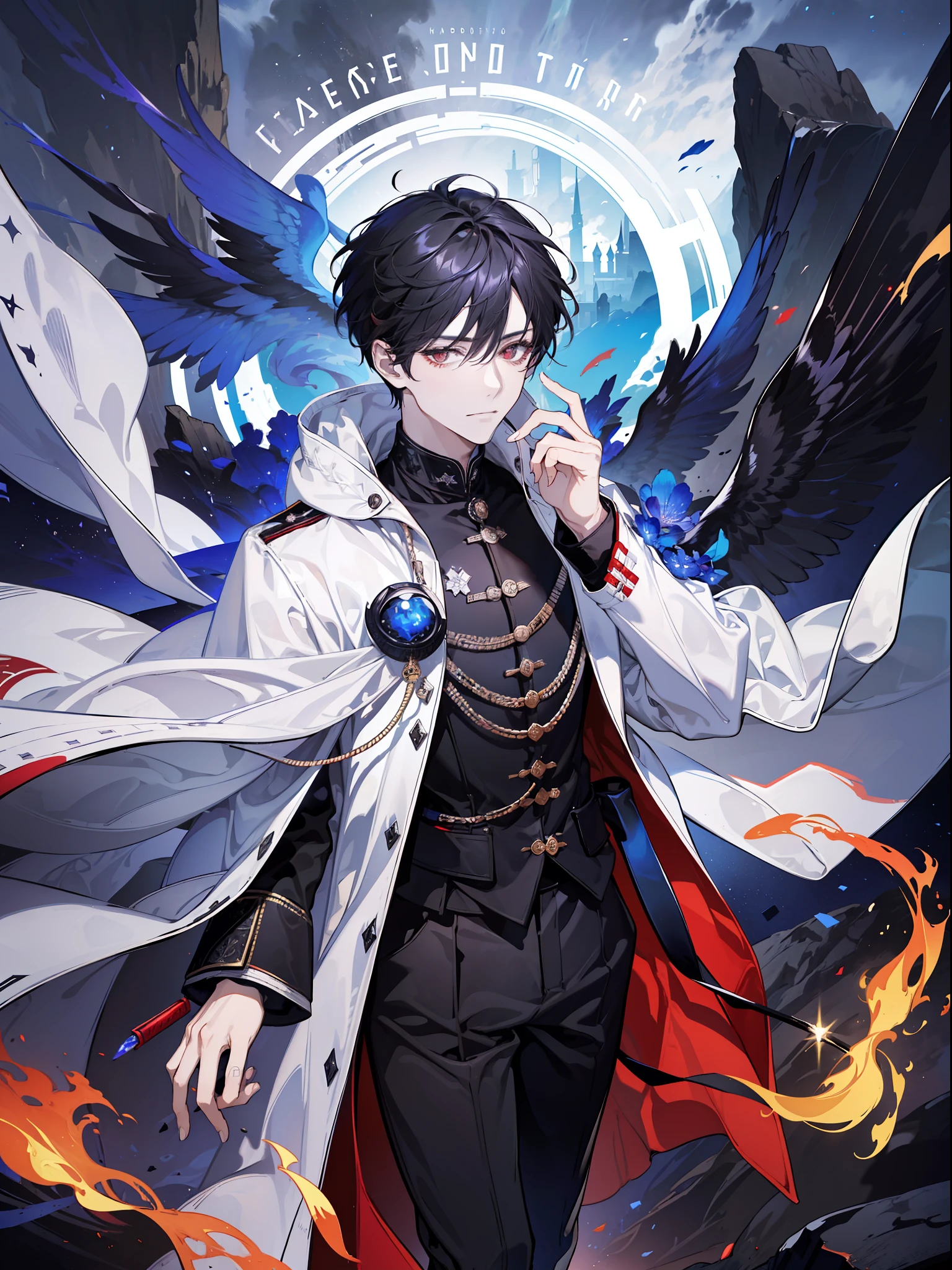 (absurd, high resolution), (panorama), a man, very handsome, flying in the sky, red eyes, short hair, black hair, smile, white trench coat, black trousers, black boots, (white magic streamer for hands), medieval wind, magic bloom, (blue magic array under the feet), ancient wind, soul ring, exaggeration, a huge fire dragon behind it