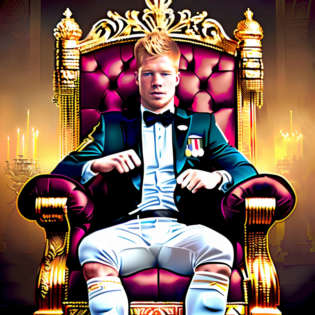 The image captures in 4k Belgian football player Kevin De Bruyne in all his royal splendor. Seated on an imposing throne-like chair with luxurious upholstery and golden ornaments, De Bruyne exudes confidence and power. Dressed in his game uniform, the player displays a serene expression and a determined gaze,  the strength of his dominance on the field.