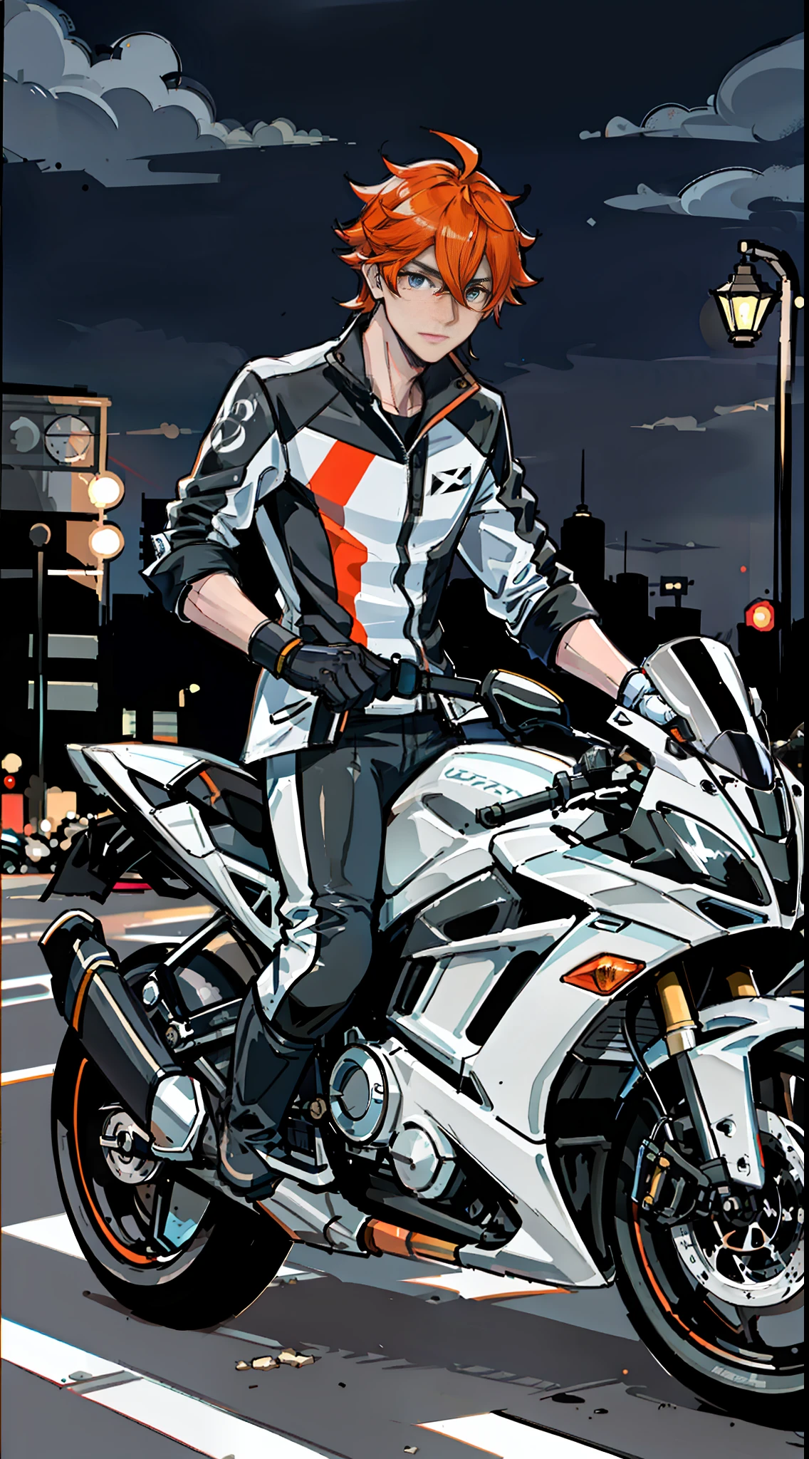 Masterpiece, best quality, delicate facial features, tartaglia (genshin impact), gloves, orange mask wearing right side of head, male focus, 1boy, blue eyes, black gloves, solo, orange hair, bangs, (racing suit), hair between eyes, scarf, (kbxll: 0.6), ((riding on a motorcycle))), night view, street, helmet in hand, gray helmet, ((motorcycle helmet))