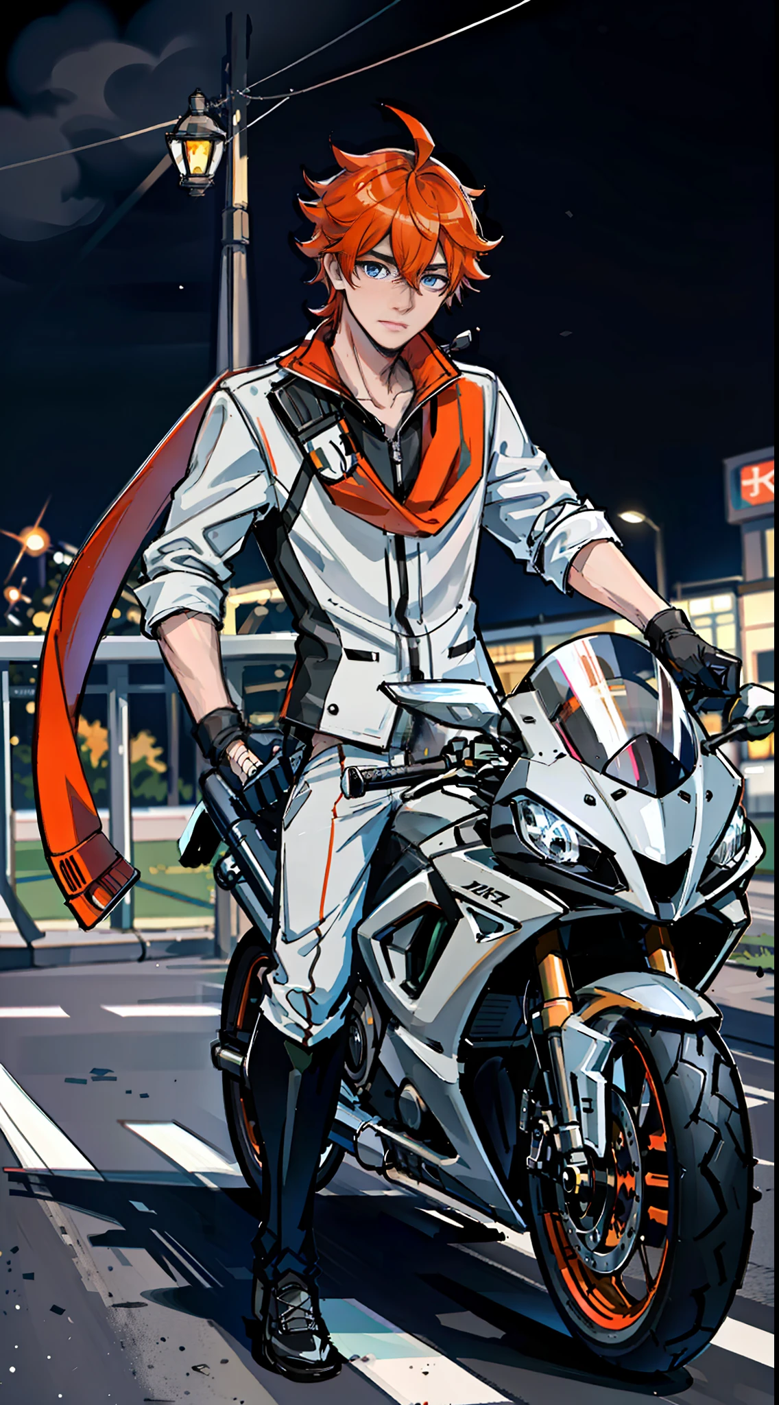 Masterpiece, best quality, delicate facial features, tartaglia (genshin impact), gloves, orange mask wearing right side of head, male focus, 1boy, blue eyes, black gloves, solo, orange hair, bangs, (racing suit), hair between eyes, scarf, (kbxll: 0.6), ((riding on a motorcycle))), night view, street, helmet in hand, gray helmet, ((motorcycle helmet))