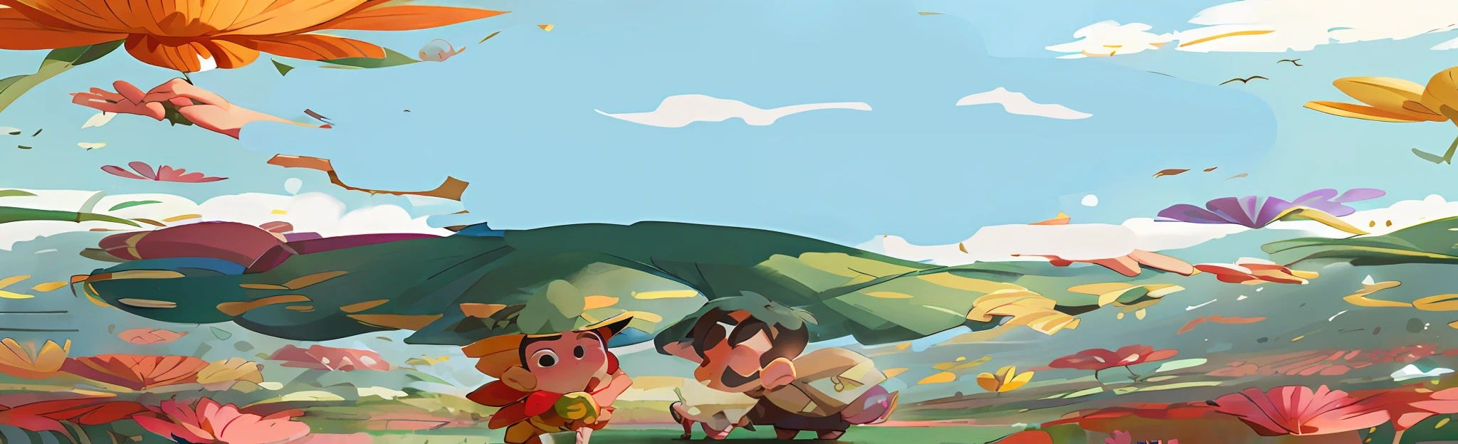 There are many flowers and butterflies flying in the fields, many fruits on the ground, small villagers, background art, Nintendo game art, inspired by Goro Fujita, heroes 2D fan art, game art!!, background art, 2D game fan art, high quality fan art, mobile game art , video game fan art