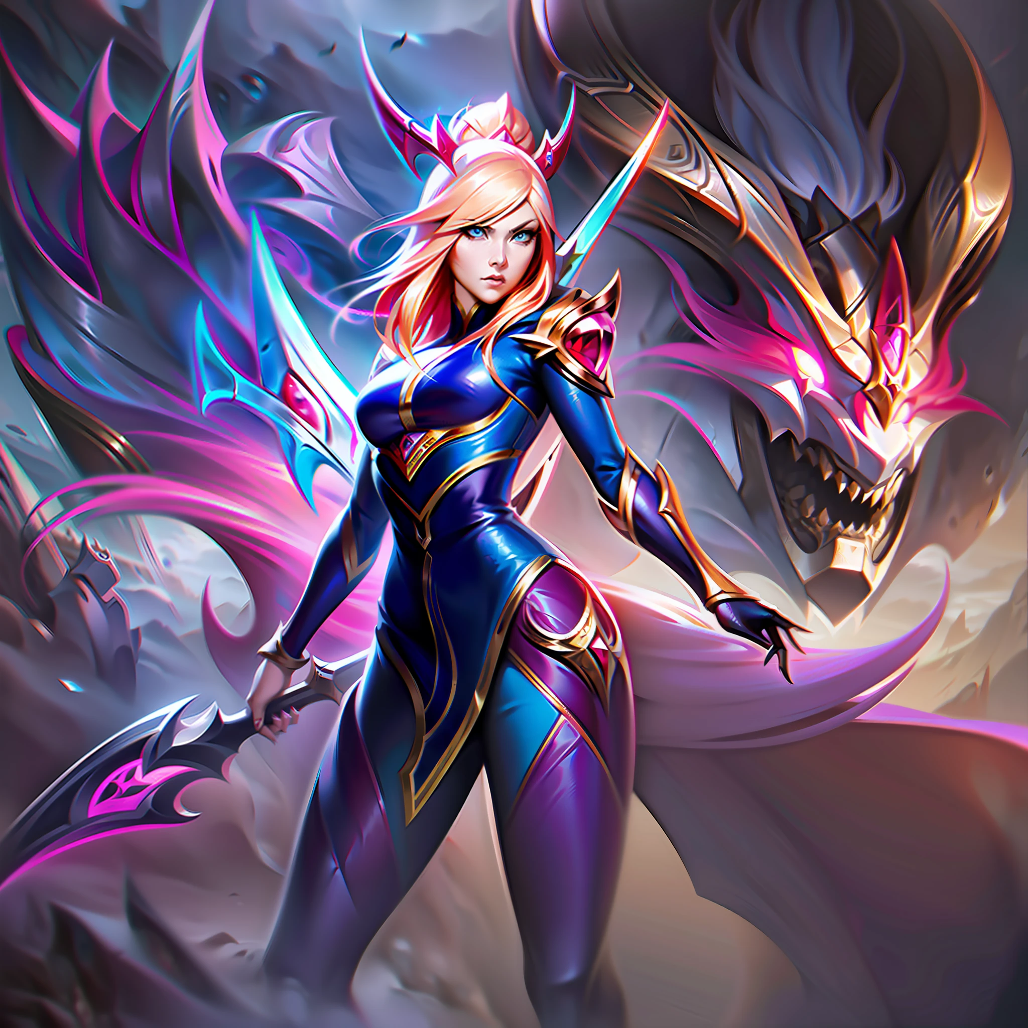 anime - style artwork of a woman with a sword and a dragon, concept art by Yang J, Artstation contest winner, fantasy art, league of legends splash art, anime epic artwork, league of legends concept art, riot games concept art, league of legends character art, league of legends art, extremely detailed artgerm, concept art | artgerm