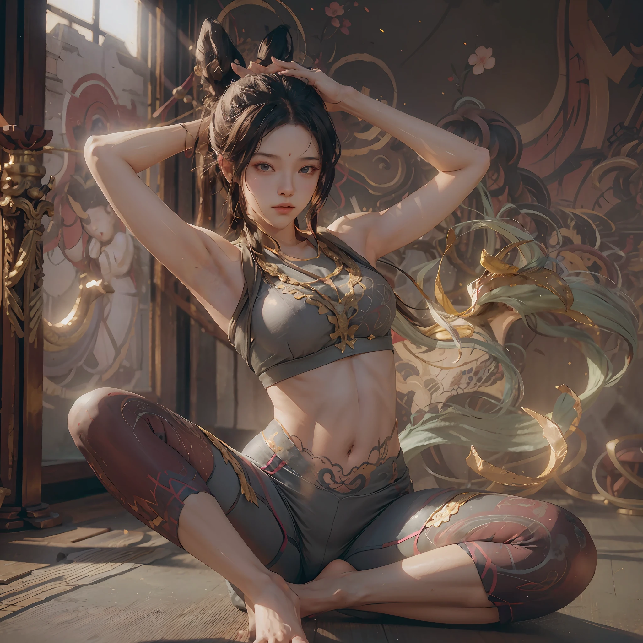 realistic, bestquality, detailed, cgillustration, wallpaper, original, shadow, volume, lighting, cinematic lightingdramatic angie, 1 girl, yoga pants, doing yoga moves, ray tracing, masterpiece, 8K --auto --s2