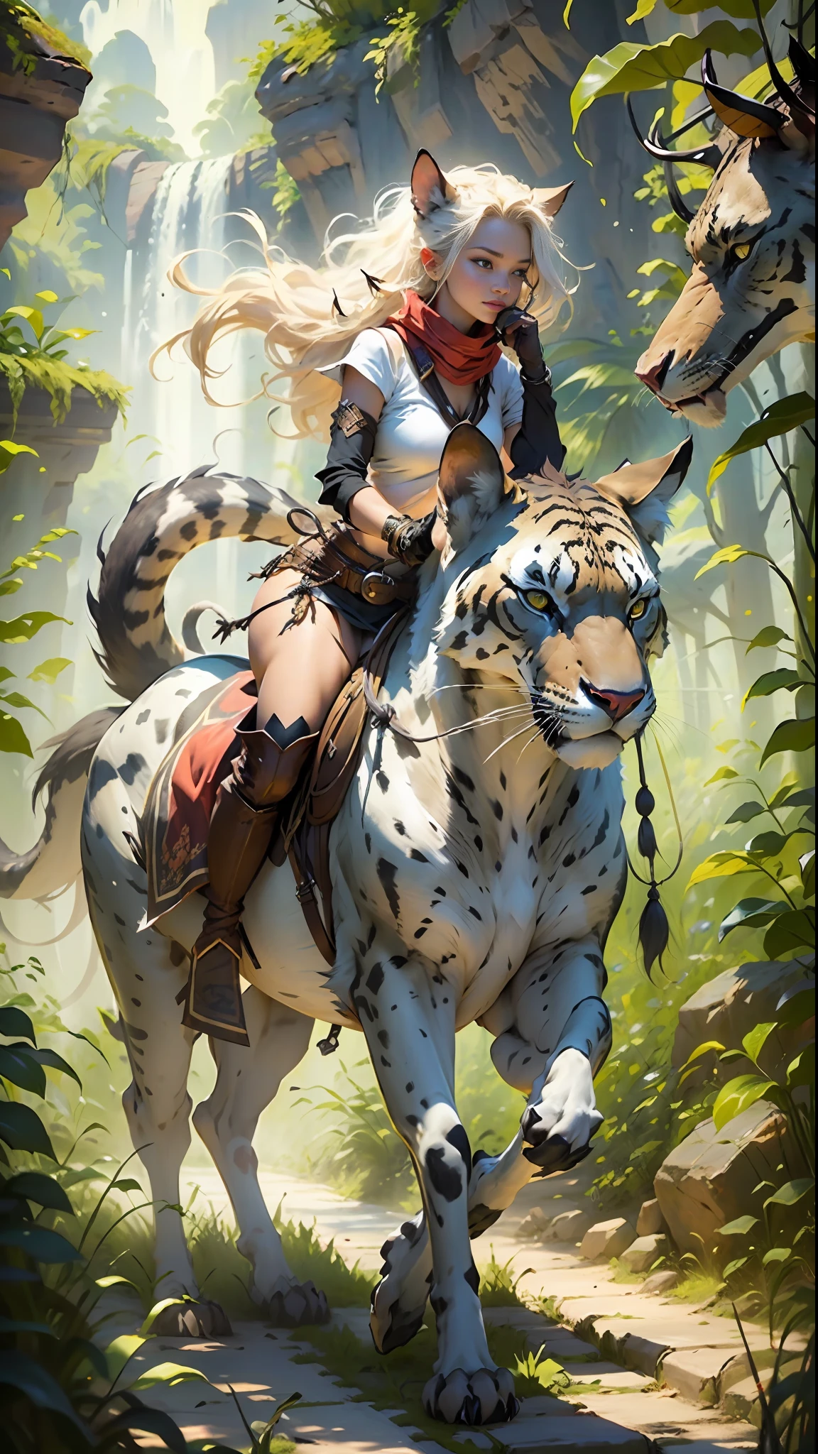 a beautiful woman, riding a wild and prehistoric cat