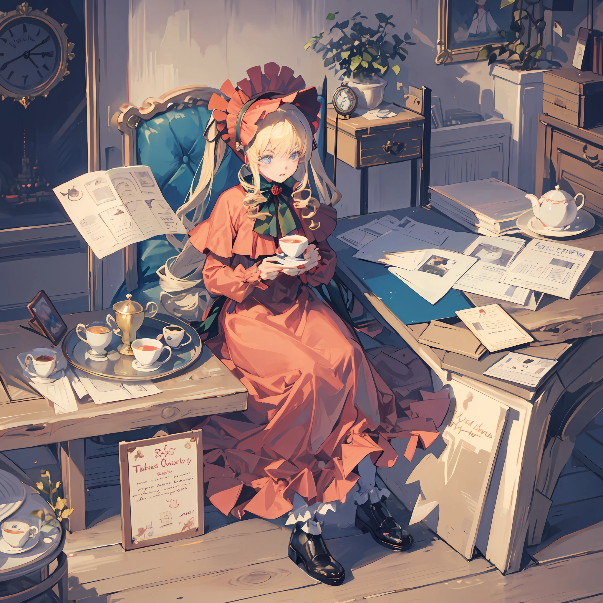 absurdity,banner, British, London, victorian, world map, sail ships, postcard, picture frame, british banner, Britannia, pastelstyle, 1girl, shinku, original outfit, bonnet, red dress,white pantyhose,cup, black footwear, teacup, teaparty, british, drinking tea, table, teapot, blue eyes