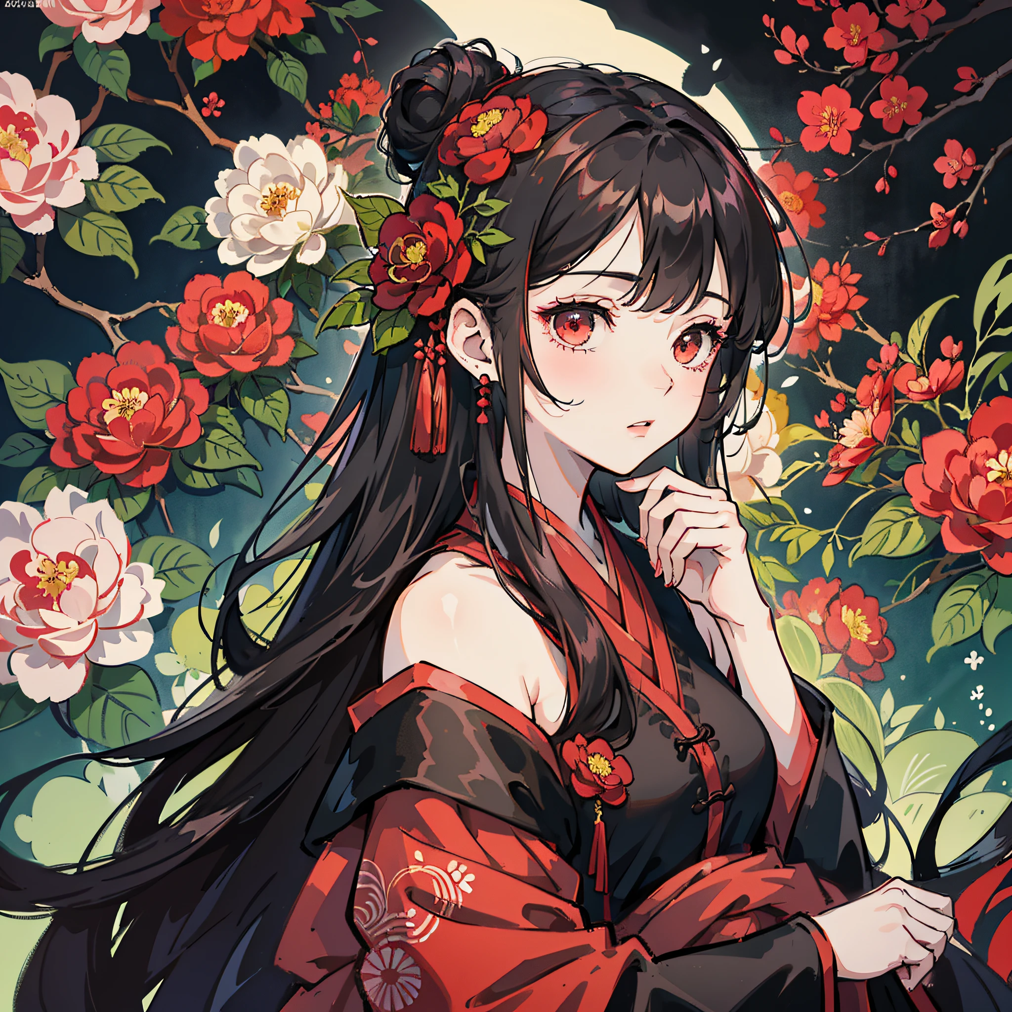 Masterpiece, top quality, illustration texture, illustration cover, low contrast, girl, Hanfu, long hair, camellia flower, red and black color scheme --ar 3:4 --uplight --niji 5 50 --auto --s 2 --s2