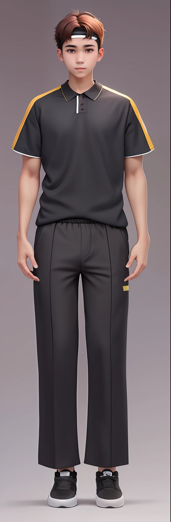 A male high school student with short hair, middle-haired, wearing a headband, wearing a short-sleeved shirt with a black neckline, black sports pants, and black sneakers