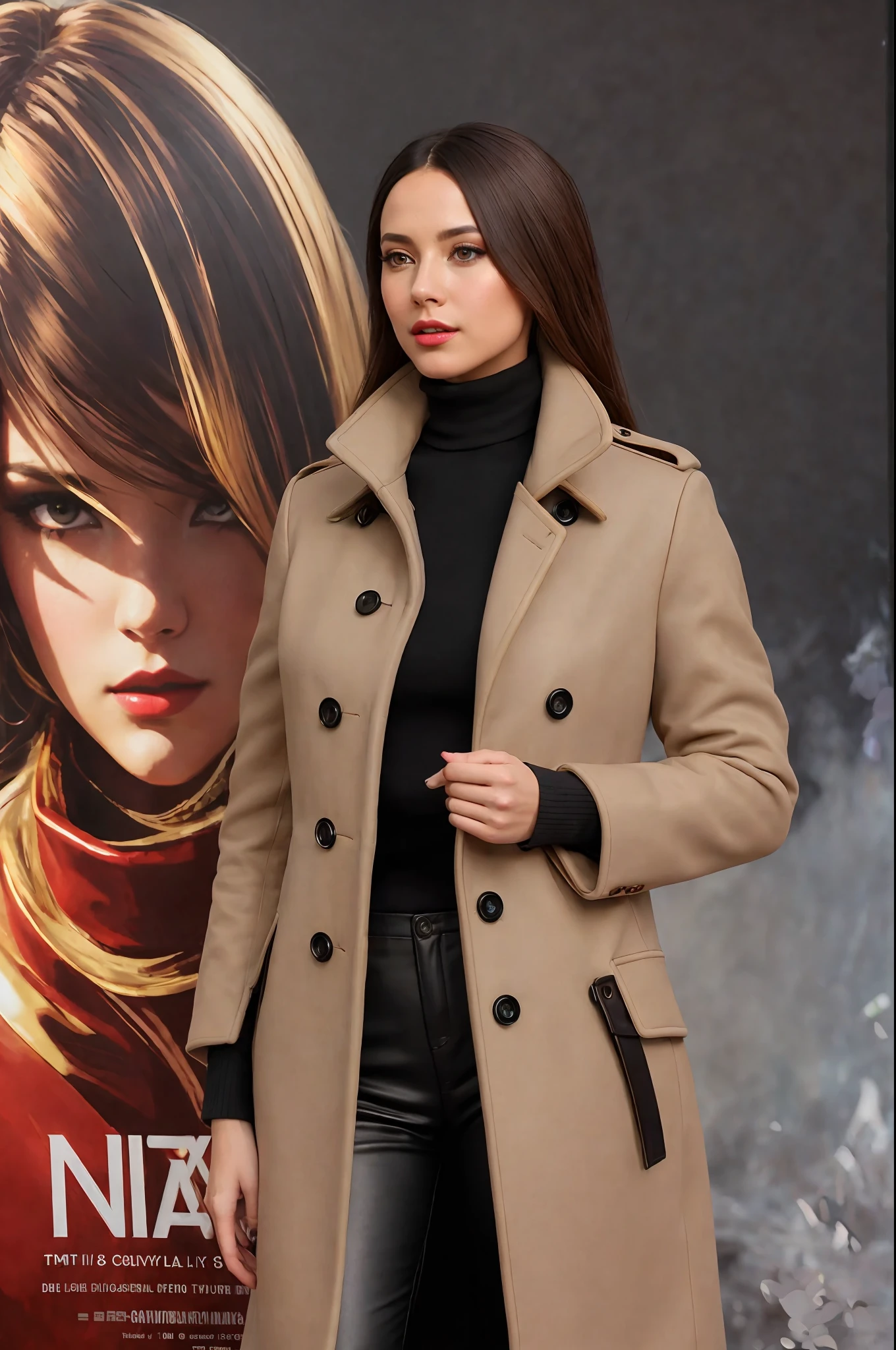 photo of (4lyssadiaz:0.99), a woman as a movie star, modelshoot style, (extremely detailed CG unity 8k wallpaper), photo of the most beautiful artwork in the world, professional majestic oil painting by Ed Blinkey, Atey Ghailan, Studio Ghibli, by Jeremy Mann, Greg Manchess, Antonio Moro, trending on ArtStation, trending on CGSociety, Intricate, High Detail, Sharp focus, dramatic, photorealistic painting art by midjourney and greg rutkowski, (long brown coat), (turtleneck), ((comicon event)), (leather trousers), ((standing on the red carpet)), ((paparazzi in the background)), (looking at viewer), (detailed pupils:1.3), (modern outfit:1.2), (closeup:1.2), red lips, (eye shadow)