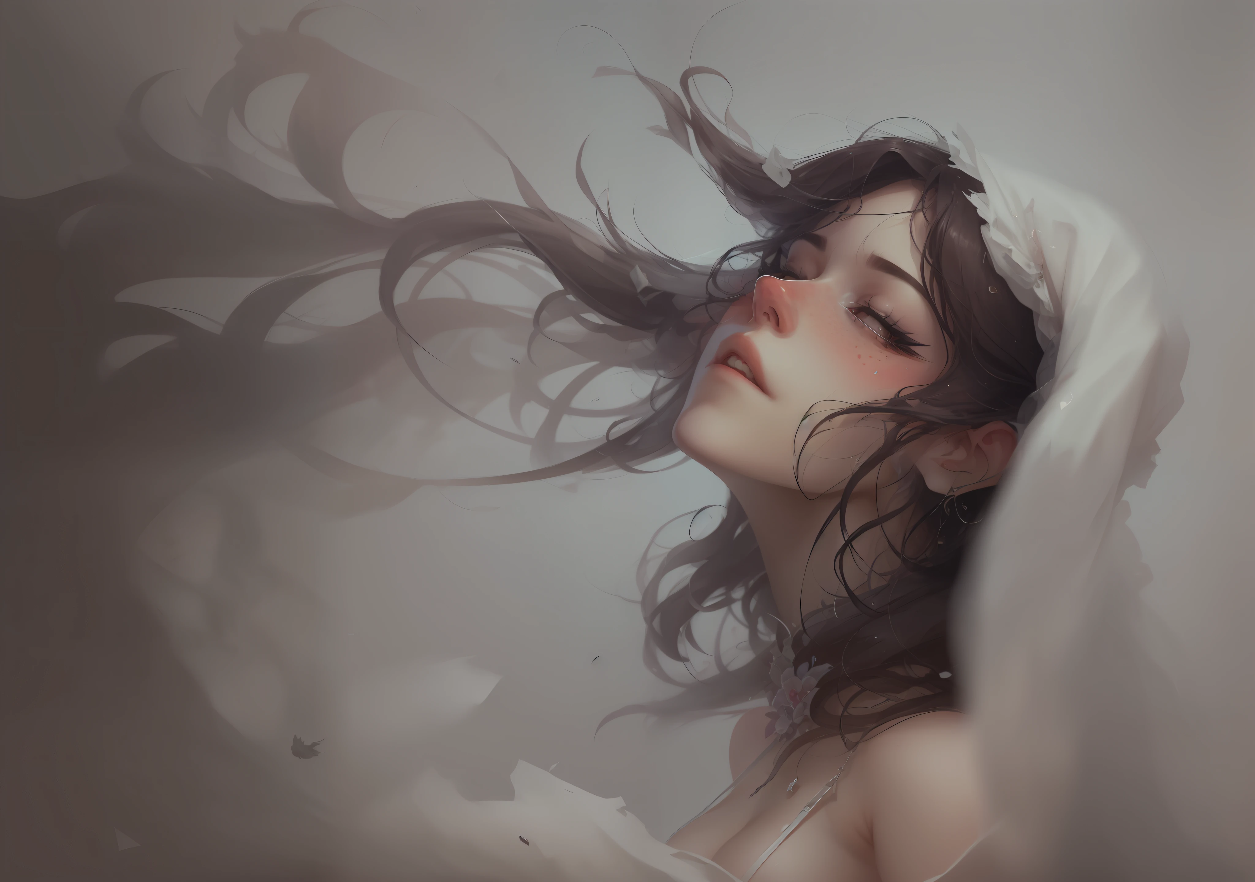 there is a woman with long hair blowing in the wind, artwork in the style of guweiz, soft digital painting, inspired by WLOP, gorgeous digital painting, low detailed. digital painting, smooth. digital painting, exquisite digital illustration, beautiful digital illustration, elegant digital painting, artgerm portrait, digital art ilya kuvshinov, blurry and dreamy illustration