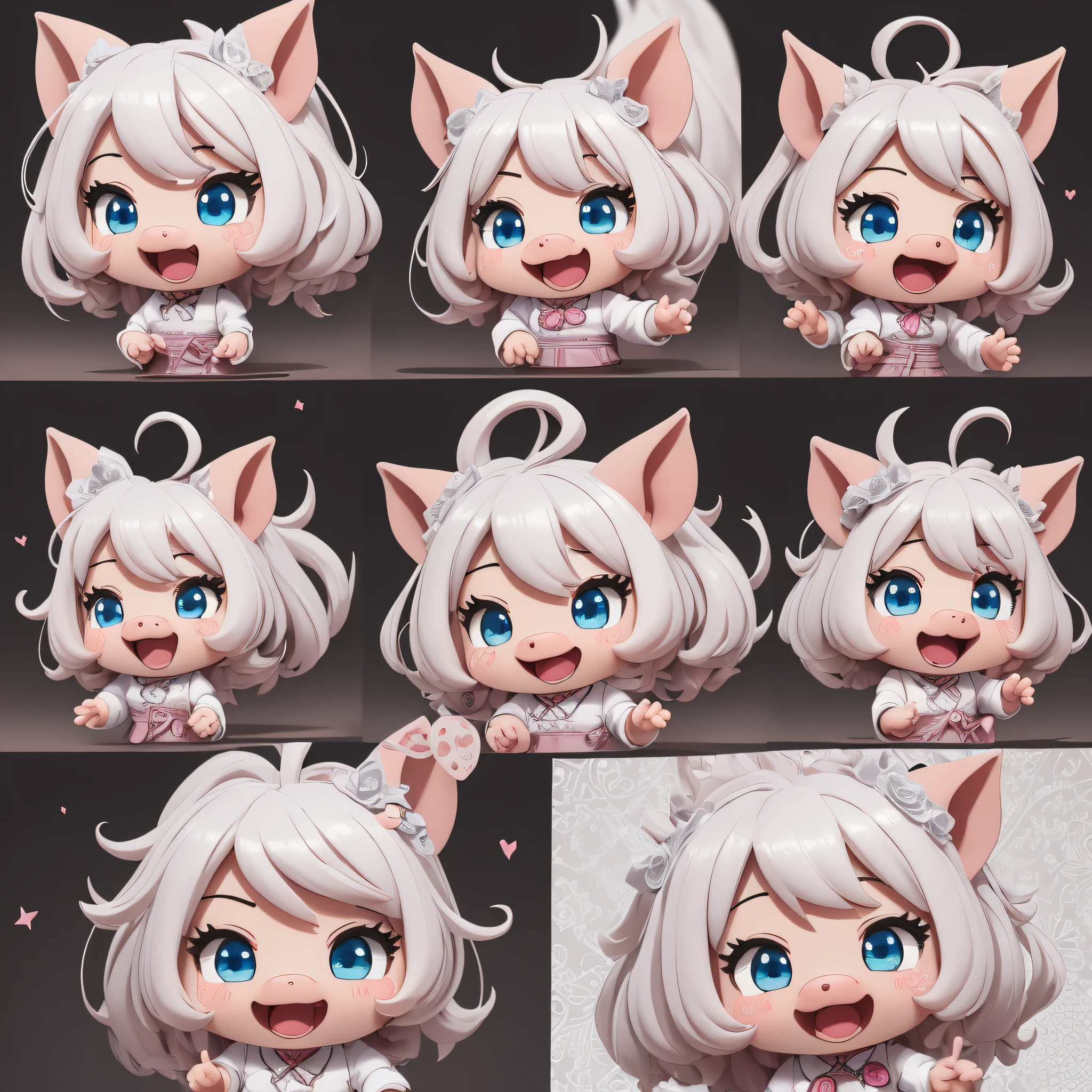 a lovely little pig, multiple poss and expressionsas, angry, joy, crying, rolling, beckoning, etc.happycoquettish, as an illustration set, in the style of bold mangalines, dynamic pose, dark white, group f/64, anime, blind box toy style, 4K