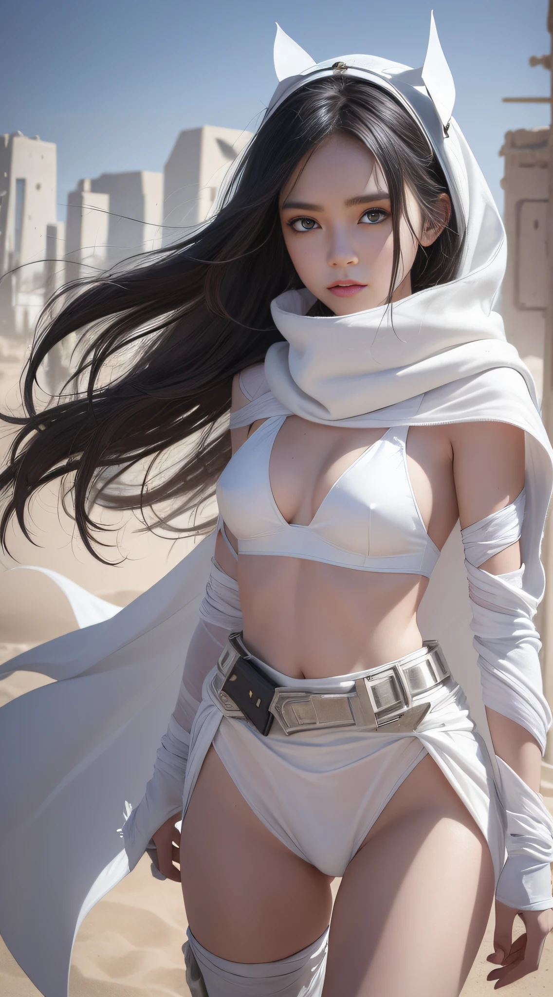 Soft cyberpunk style, gray white desert ruins, flying sand and dust, petite black-haired girl wandering in the desert, wearing milky white religious clothing wrapped all over the body, white tattered cape fluttering in the wind, avoiding the wind and sand, with the character as the core, elegant movie posture, straight eyes.