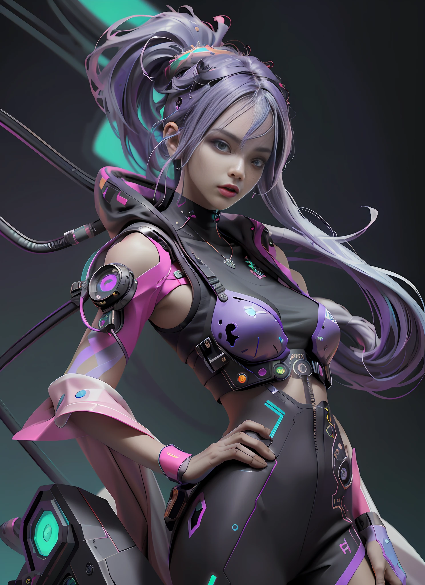 (Extremely detailed CG unity 8k wallpaper, masterpiece, best quality, super detailed), (best lighting, best shadow, extremely refined and beautiful), floating, dynamic angle, (1girl), (cyberpunk style, neon), (red: 1.3 + purple + green: 1.2+ Blue: 0.9) Hair, (Cyberpunk Attire: 1.3), Metallic Silver Accessories, Glowing Eyes, High Resolution, 3D Art, Unreal Engine 5 Style, Clear Lines, Good Facial Features, Good Eyes, Blue-Purple Gradient Eyes, Psychedelic, Chaos, Brushstrokes, Abstract, Printed Circuit Board