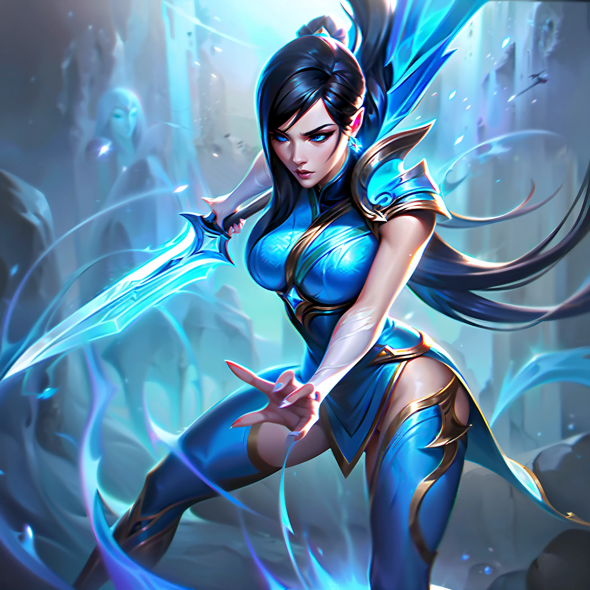 a close up of a woman in a blue outfit holding a sword, concept art inspired by Lan Ying, trending on Artstation, fantasy art, crystal maiden, ashe, official splash art, ice sorceress, lux from league of legends, from league of legends, league of legends splash art, crystalline skin, splash art, orianna, qiyana