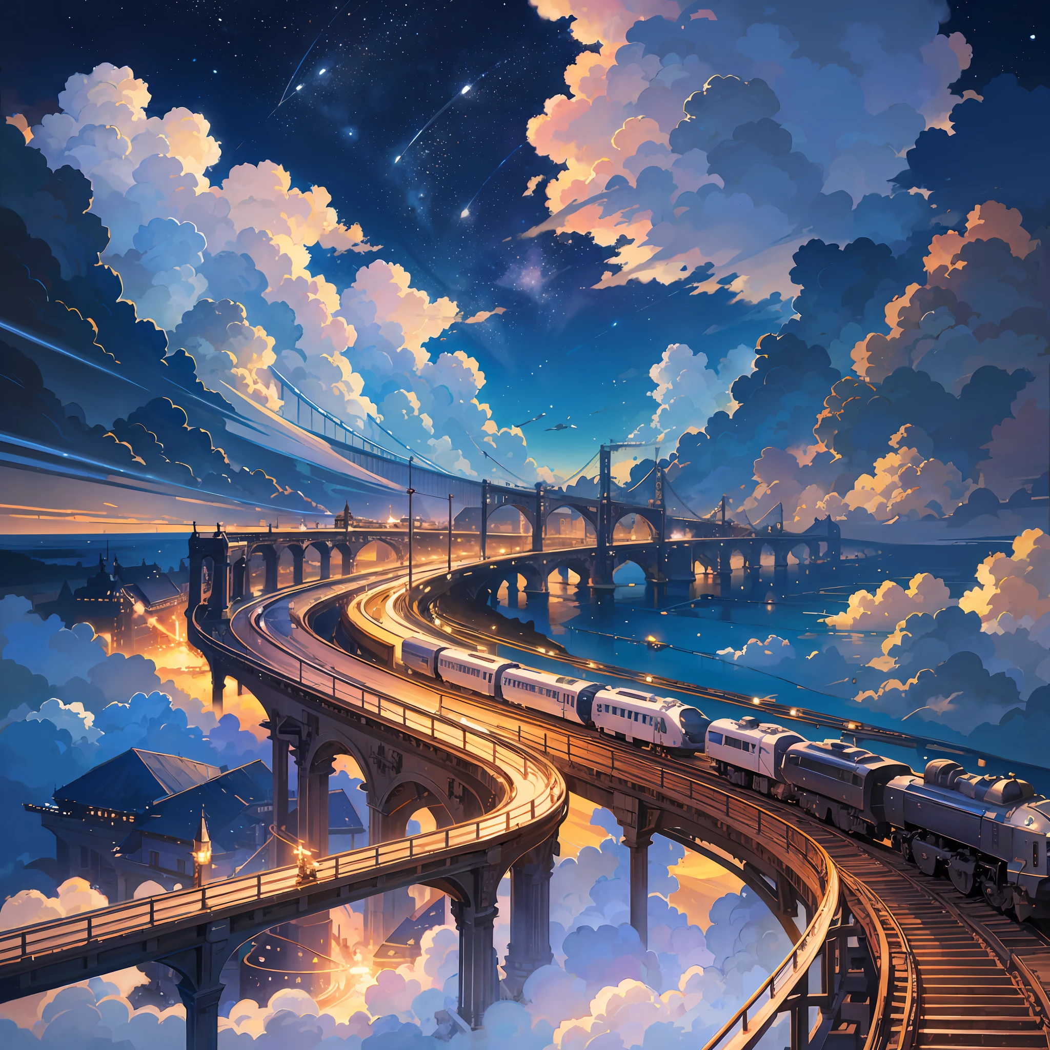 Masterpiece, Train Flying Under the Stars, Universe, Space Train, Romance, Makoto Shinkai style, fantasy, Beautiful anime scenes, Anime landscapes, Detailed landscapes --auto --s2