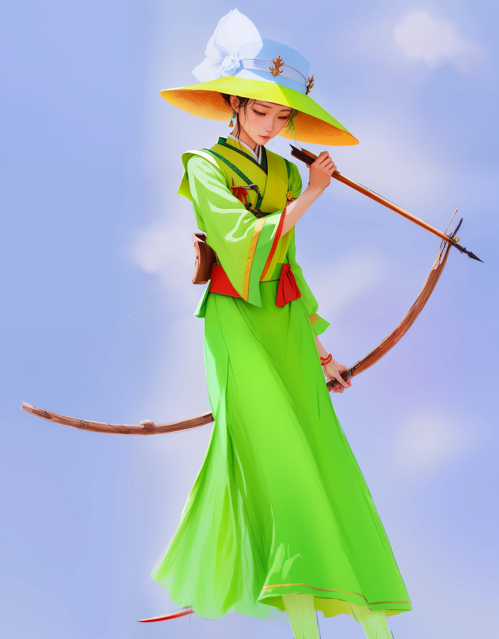 drawing of a woman in a green dress with a yellow hat and a red bow, inspired by Philipp Veit, inspired by Shen Zhou, inspired by Sakai Hōitsu, inspired by Du Jin, inspired by Fan Kuan, female forest archer, inspired by Huang Shen, inspired by Shen Quan, the non-binary deity of spring, colored sketch