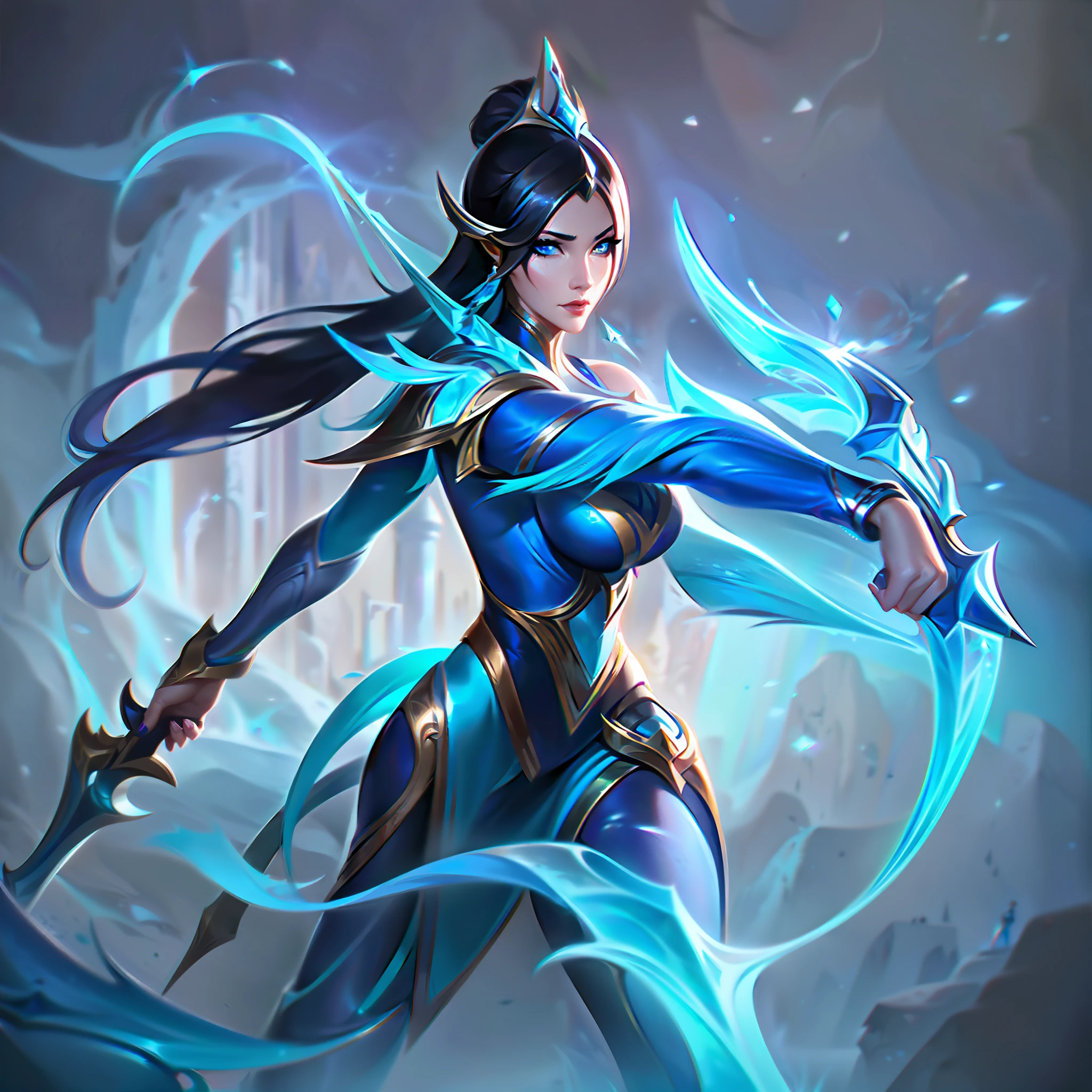 a close up of a woman in a blue outfit holding a sword, concept art inspired by Lan Ying, trending on Artstation, fantasy art, crystal maiden, ashe, official splash art, ice sorceress, lux from league of legends, from league of legends, league of legends splash art, crystalline skin, splash art, orianna, qiyana