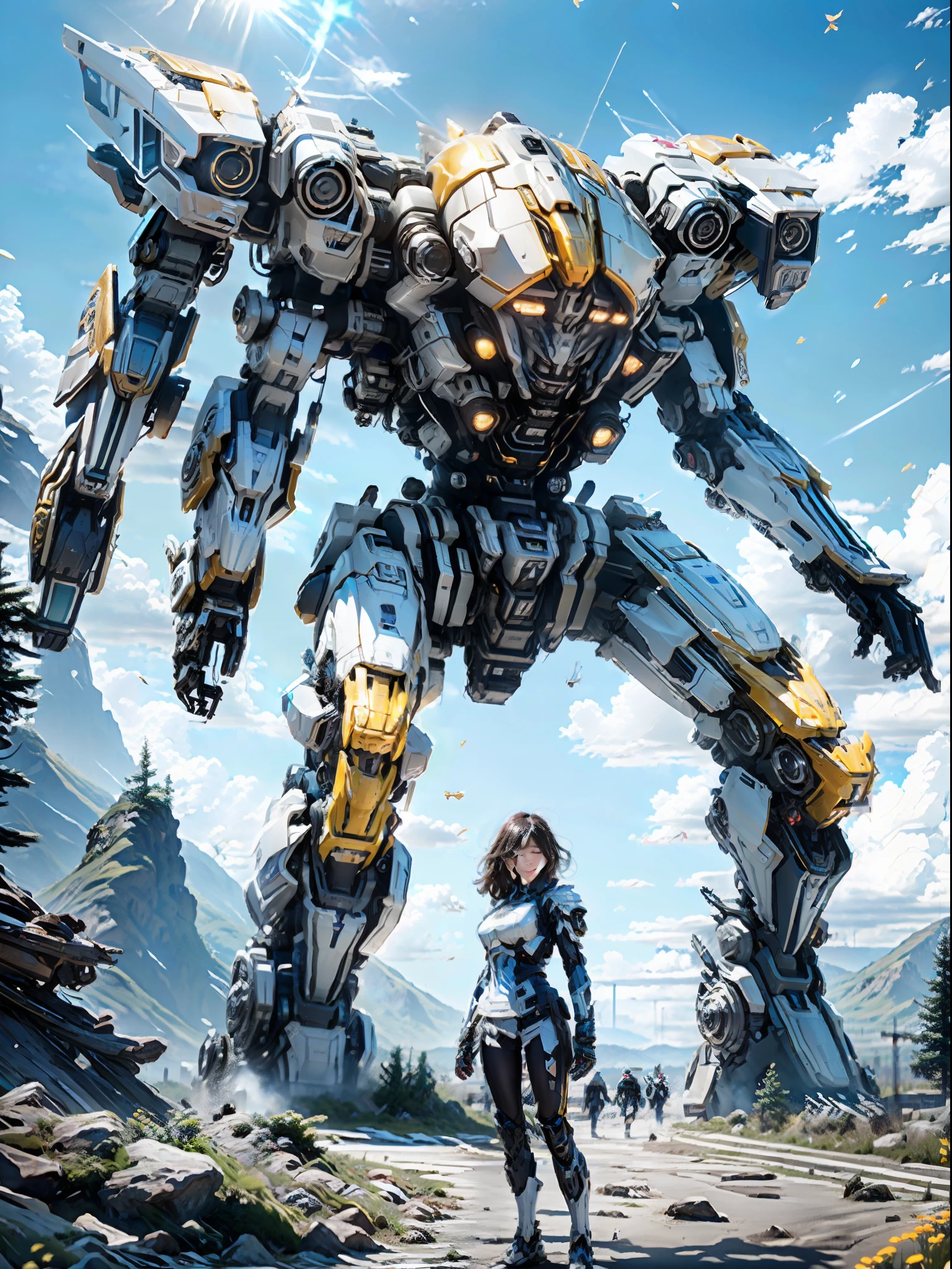 ((Best Quality)), ((Masterpiece), (Very Detailed:1.3), 3D, Shitu-mecha, Mecha standing on the edge of the city with a giant sword, Ancient Technology, HDR (High Dynamic Range), Ray Tracing, NVIDIA RTX, Super Resolution, Unreal 5, Subsurface Scattering, PBR Texture, Post-processing, Anisotropic Filtering, Depth of Field, Maximum Sharpness and Sharpness, Multi-layer Textures, Albedo and Highlight Maps, Surface Coloring, Accurate Simulation of Light-Material Interactions, Perfect Ratio, Octane Rendering, Duotone Lighting, Low ISO, White Balance, Rule of Thirds, Wide Aperture, 8K RAW, High Efficiency Sub-Pixel, Subpixel Convolution, Glowing Particles, Light Scattering, Tyndall Effect