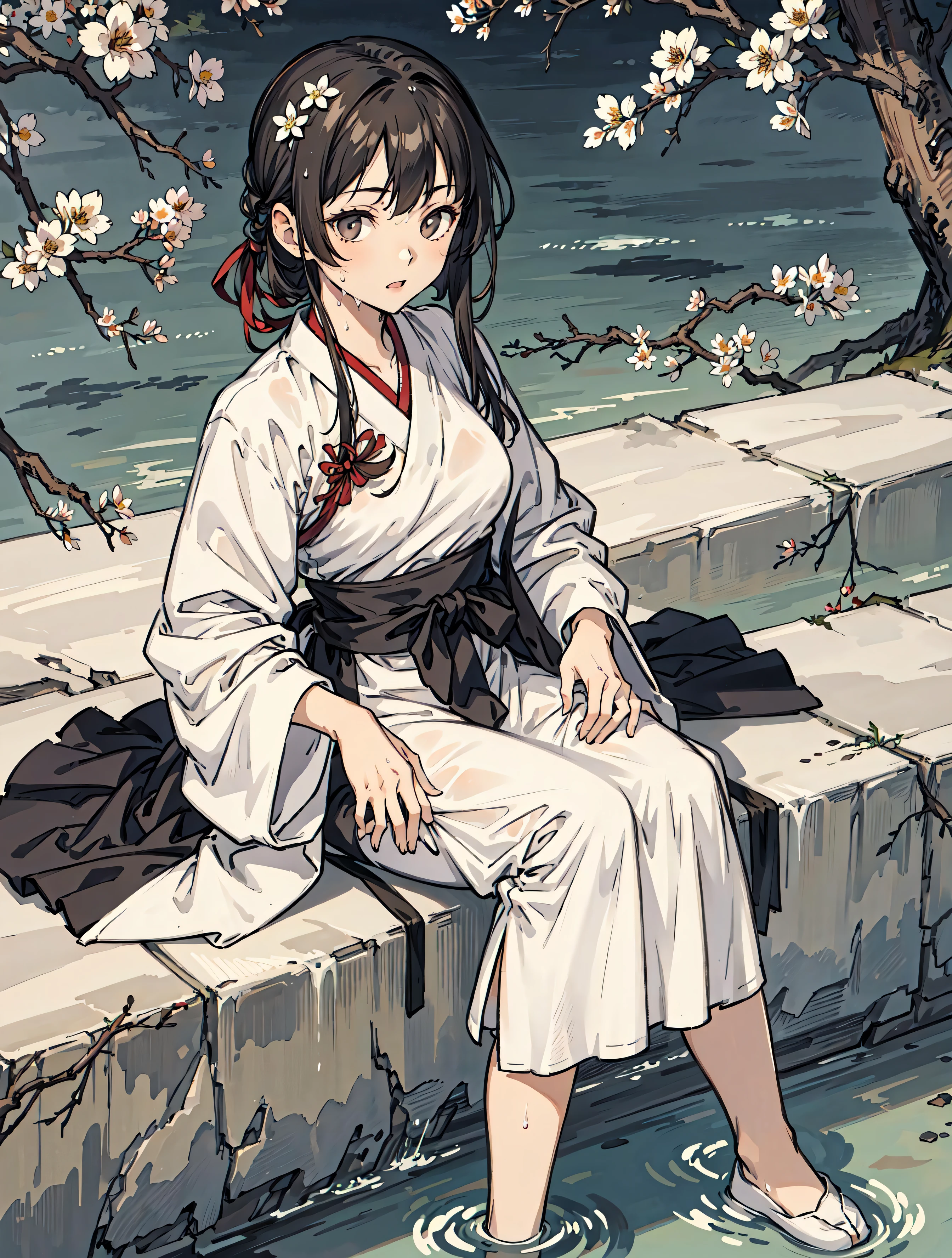 best quality, high_resolution, distinct_image, detailed background ,girl, random wear,flower, lain,dutch angle, wet, hanbok dress, waist apron,